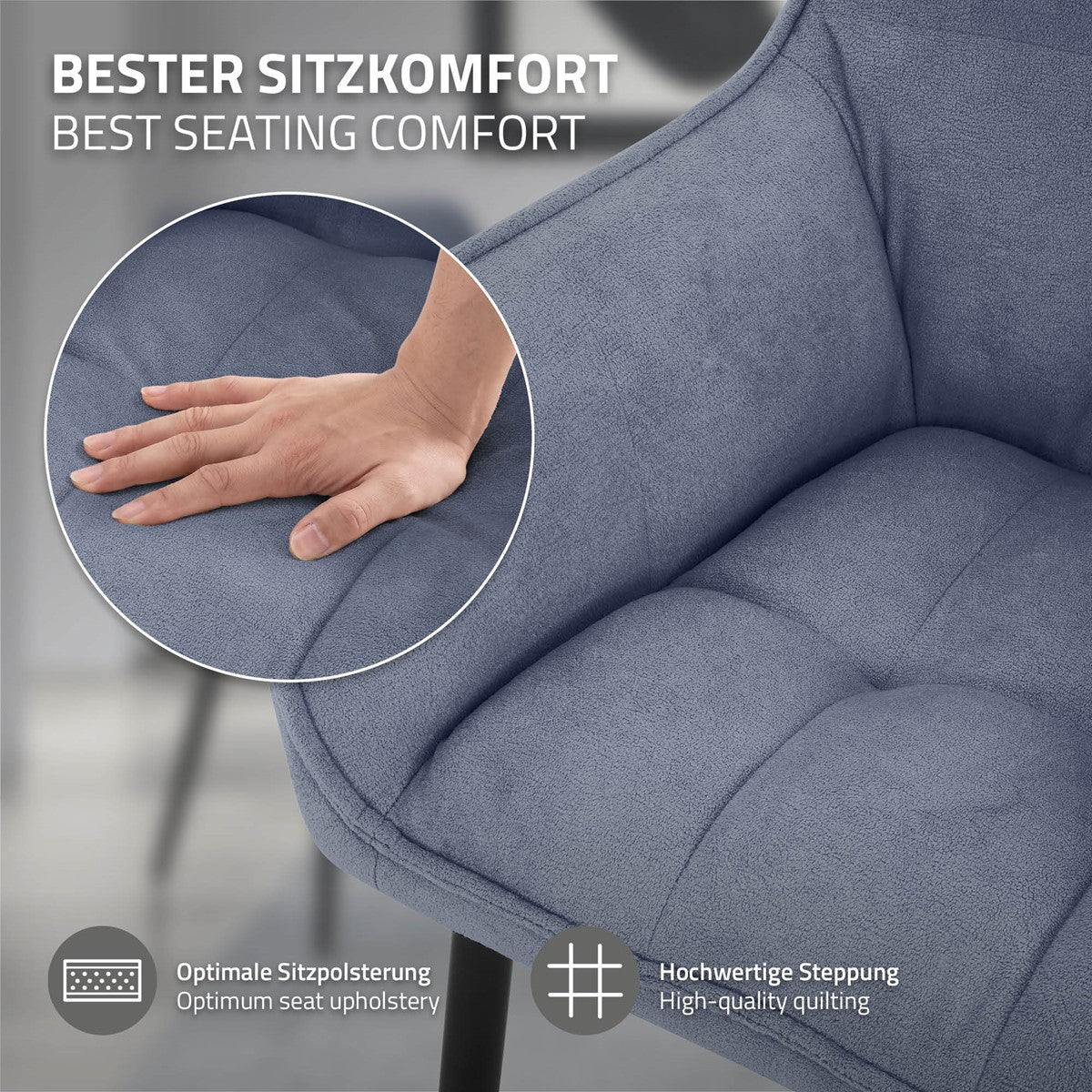 Nahaufnahme einer Hand auf einem gepolsterten Stuhl mit Textur.