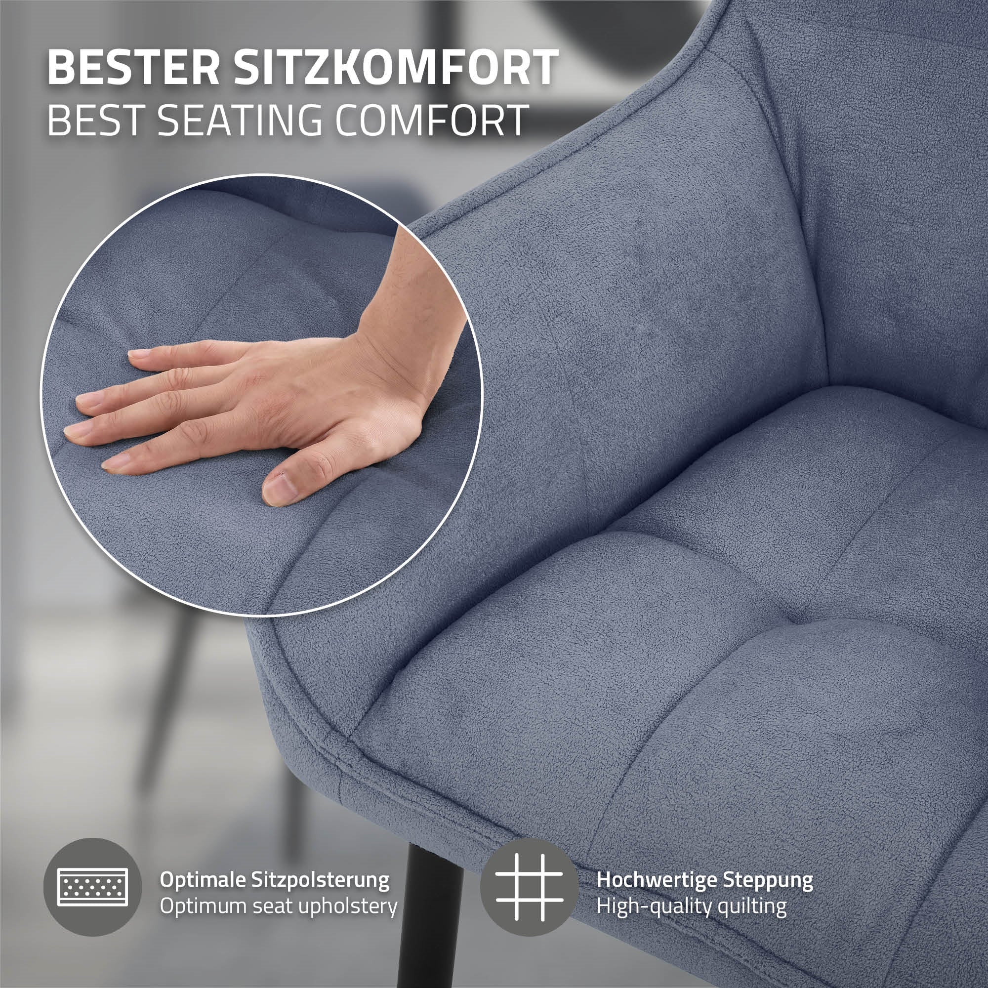 Nahaufnahme einer Hand auf einem gepolsterten Stuhl mit Textur.