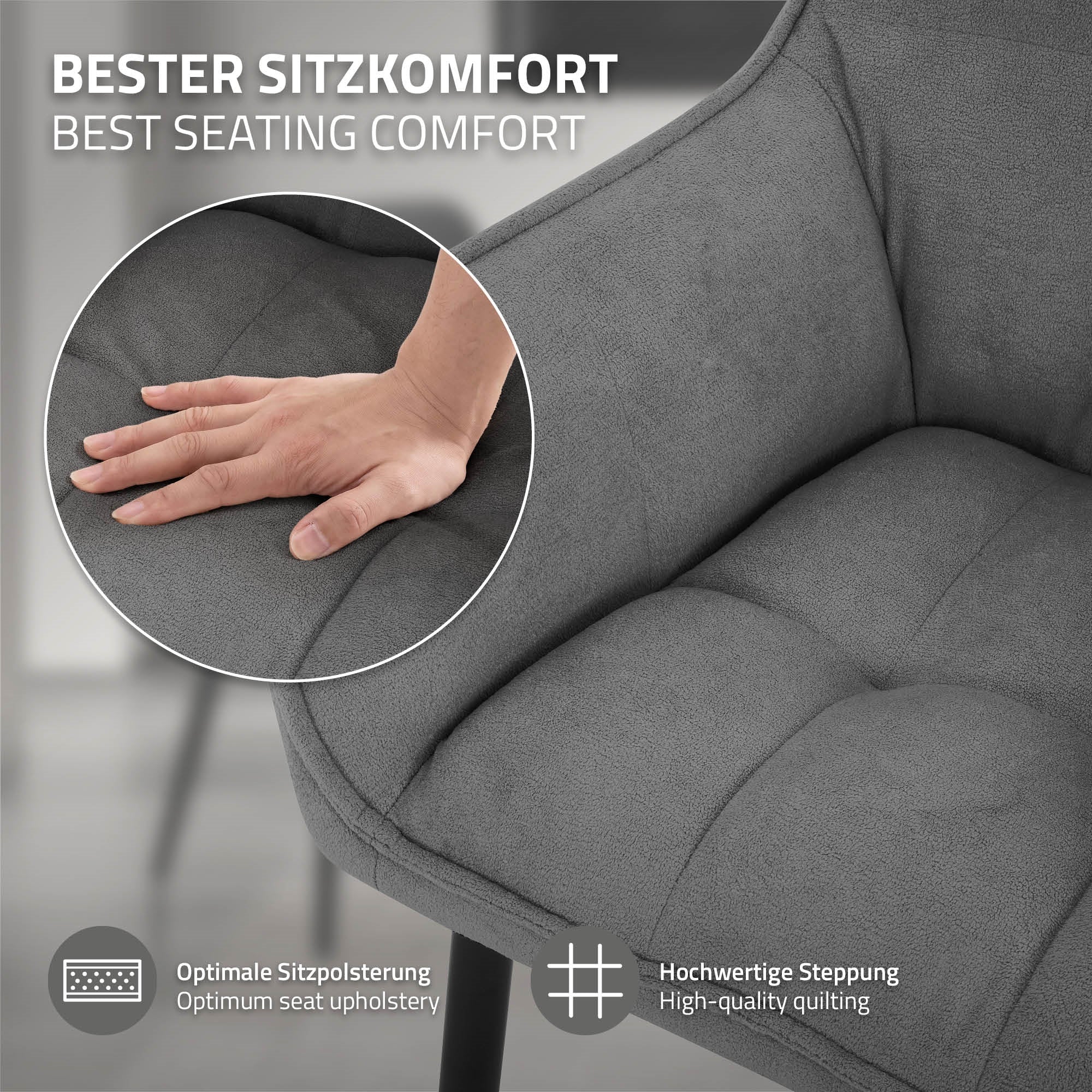 Nahaufnahme einer Hand auf einem gepolsterten Stuhl mit Textur.