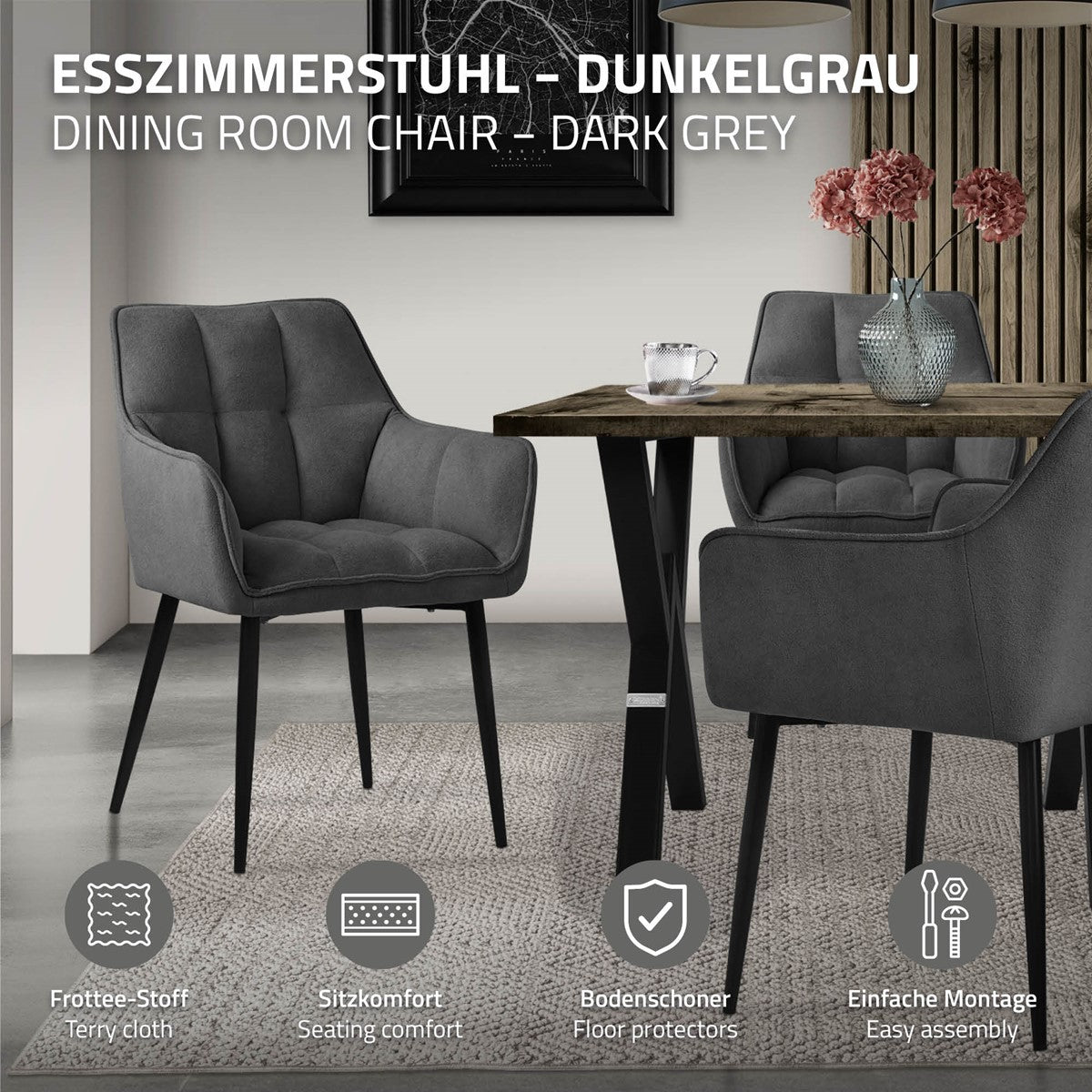 Dark gray dining chair beside a table on a rug.