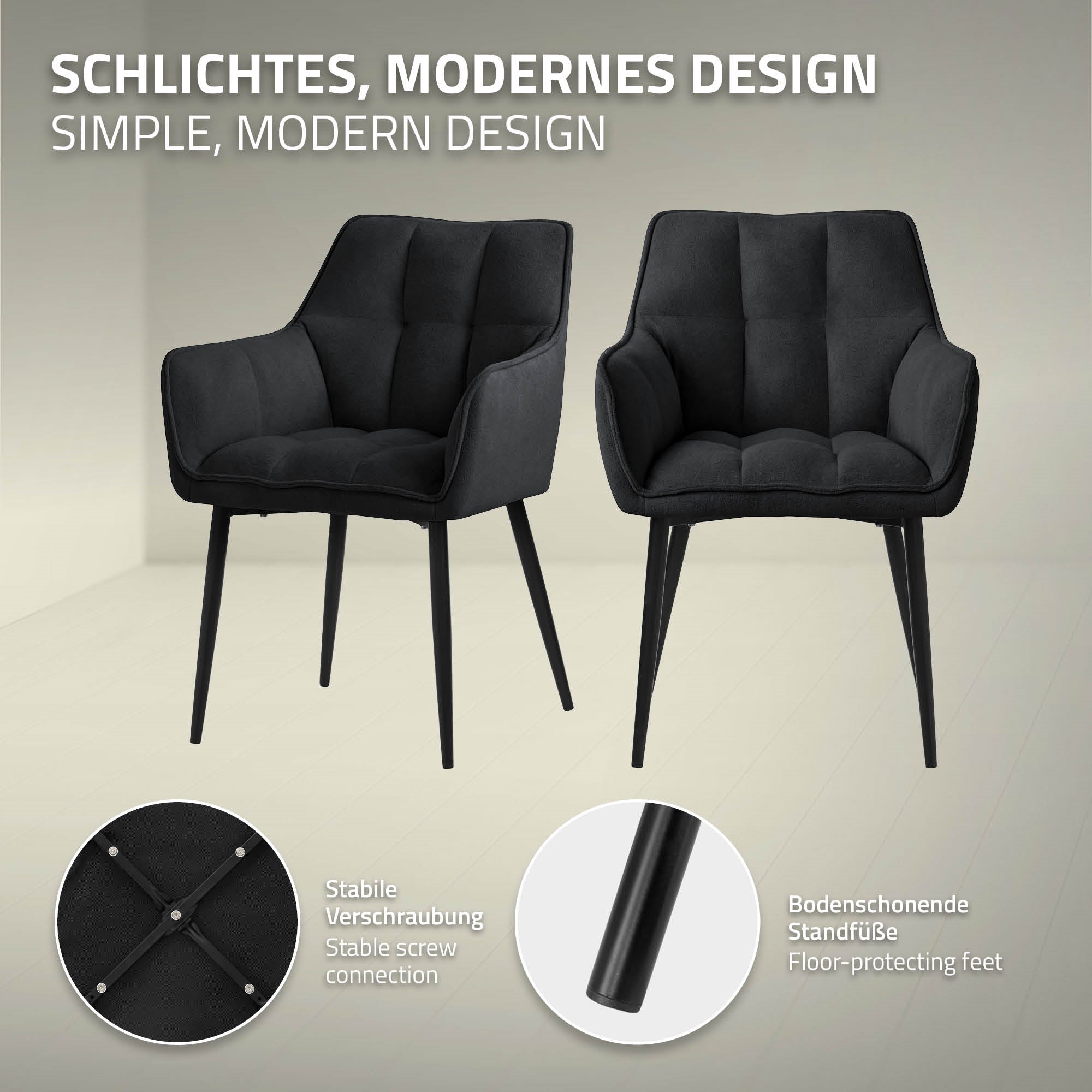Zwei schwarze Stühle mit modernem Design, auf einem hellen Hintergrund.
