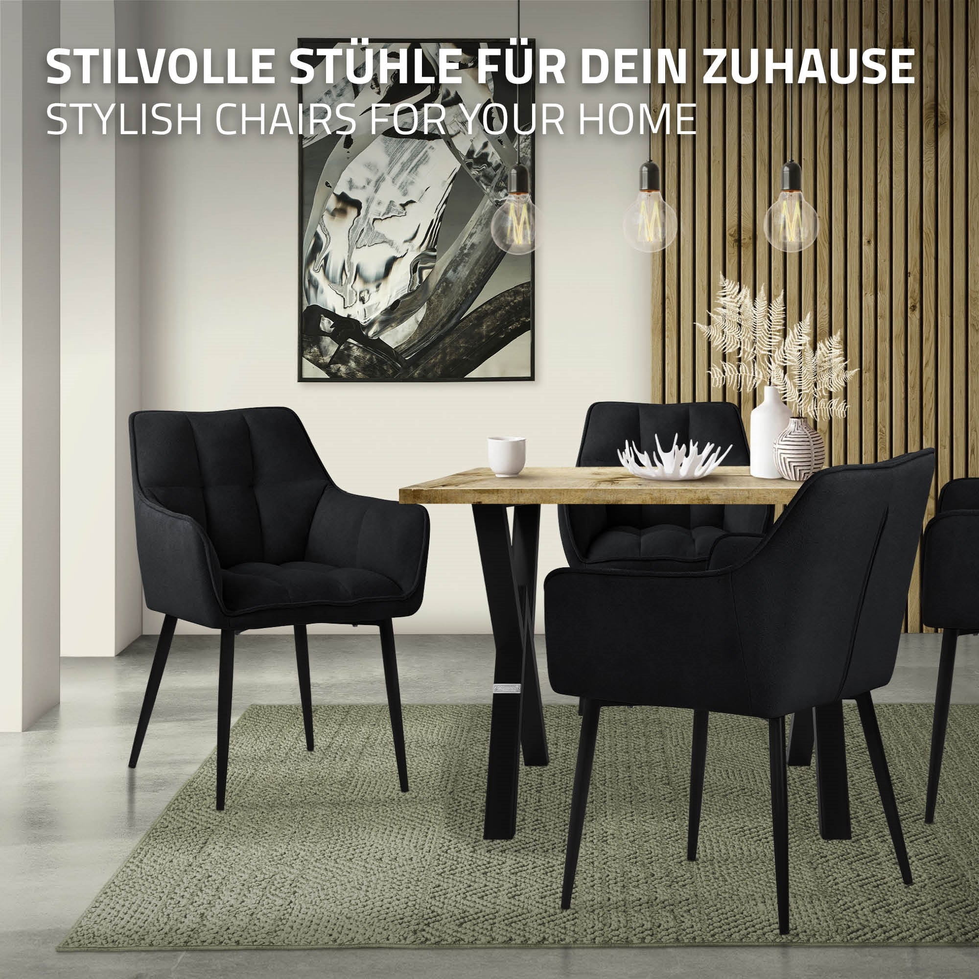 Black chairs around a table in a stylish dining room.