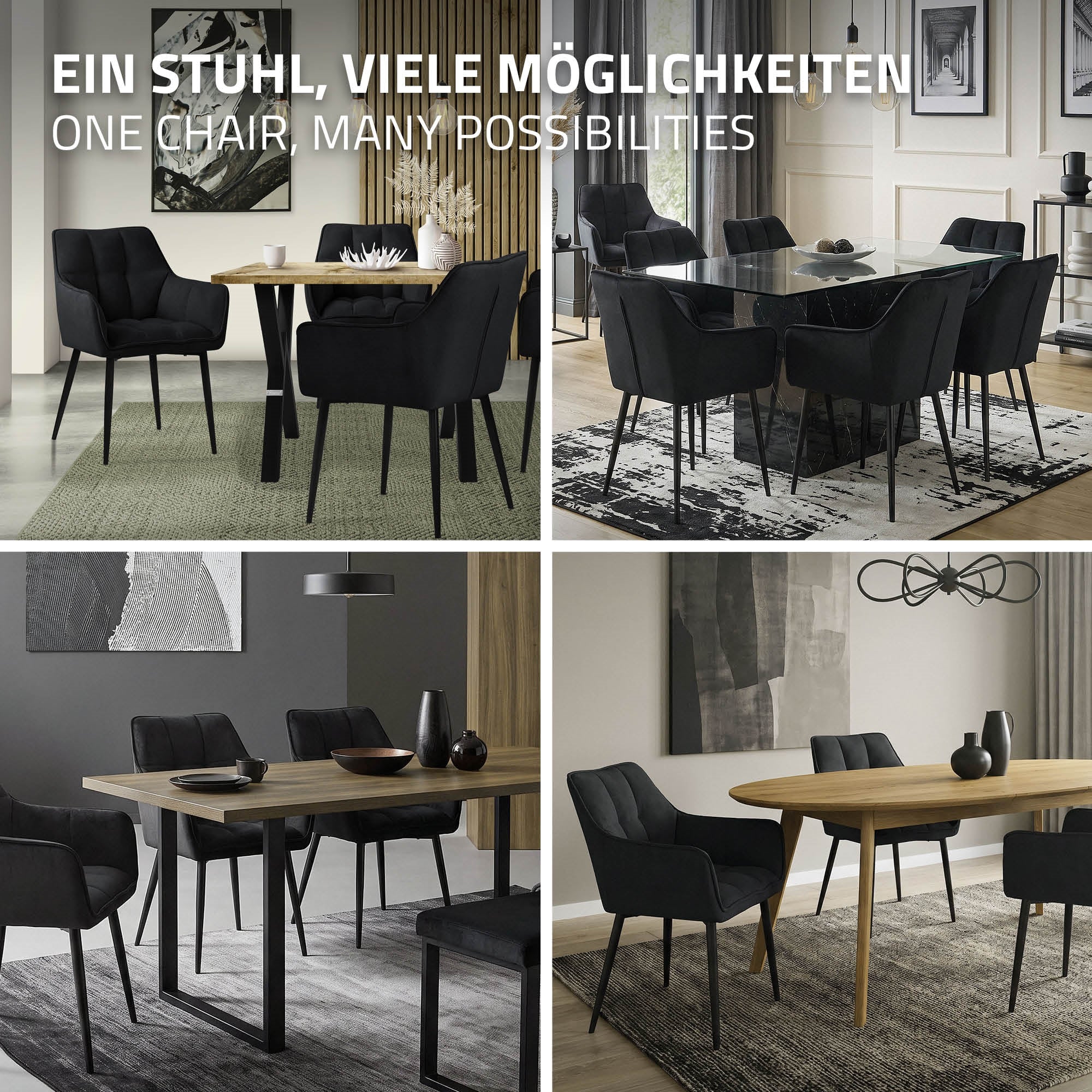Four chairs around a table in various arrangements.