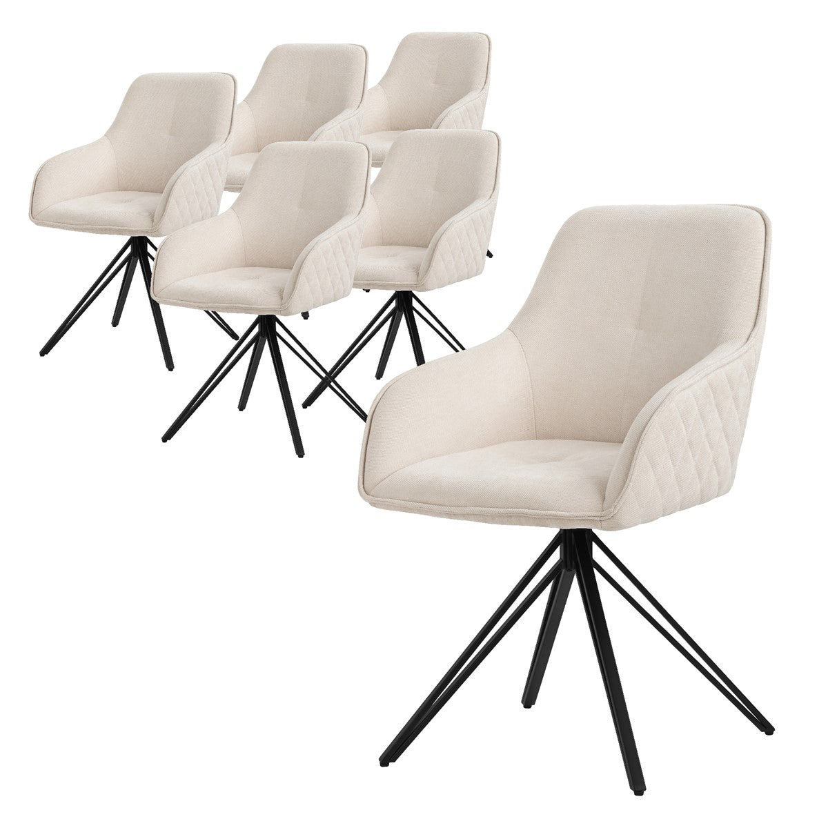 Sechs beige gepolsterte Stühle mit schwarzem Gestell, gruppiert.