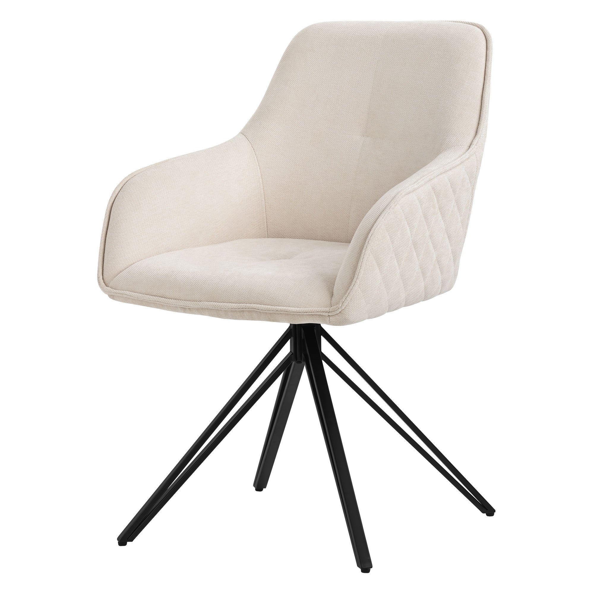 A beige chair with a black frame on a white background.