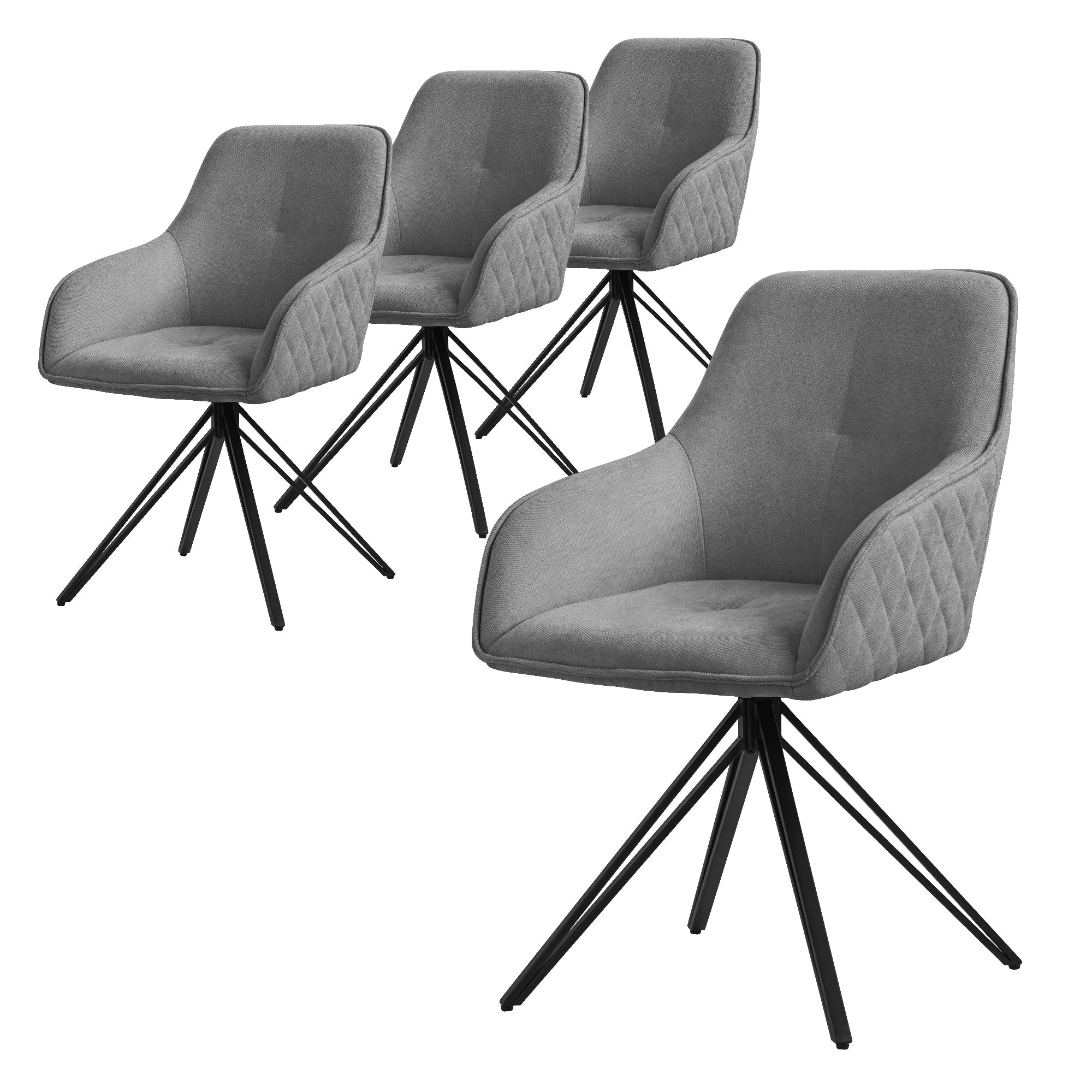 Four gray upholstered chairs with a black frame.