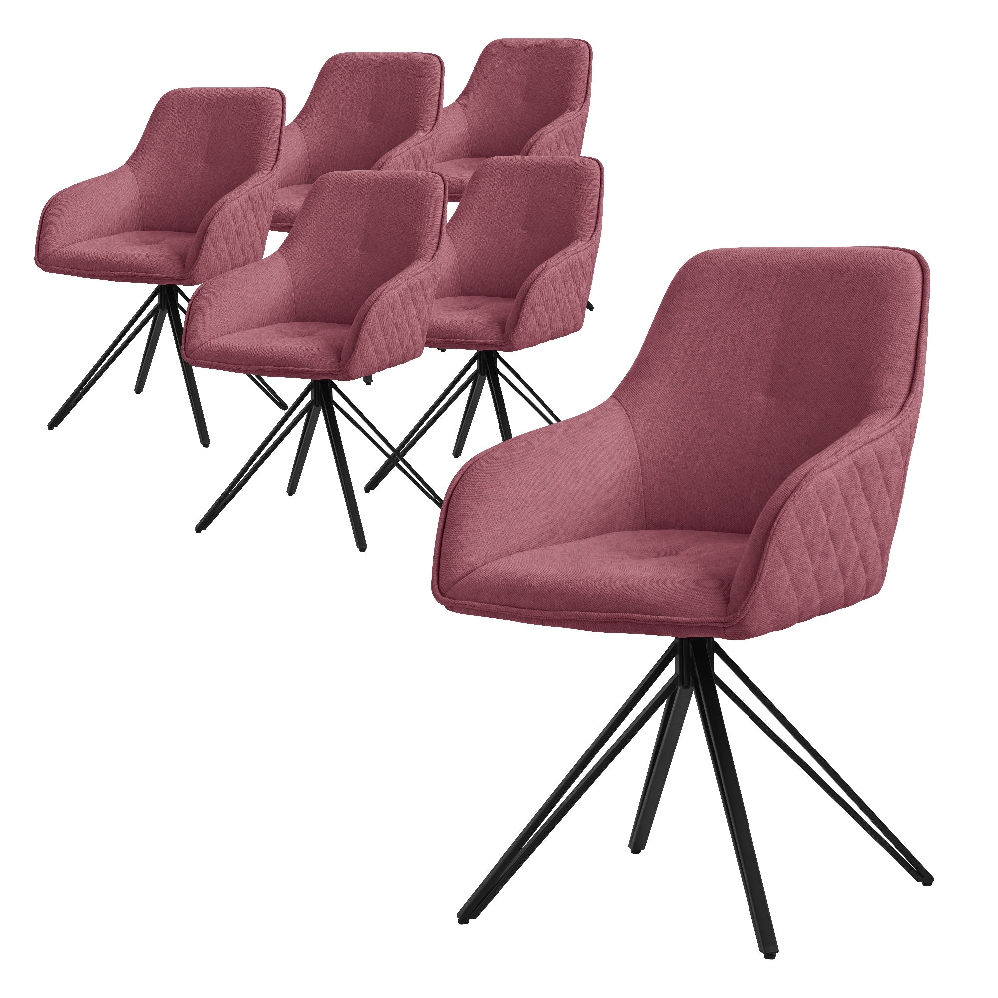 Six chaises roses sont alignées sur un fond blanc.