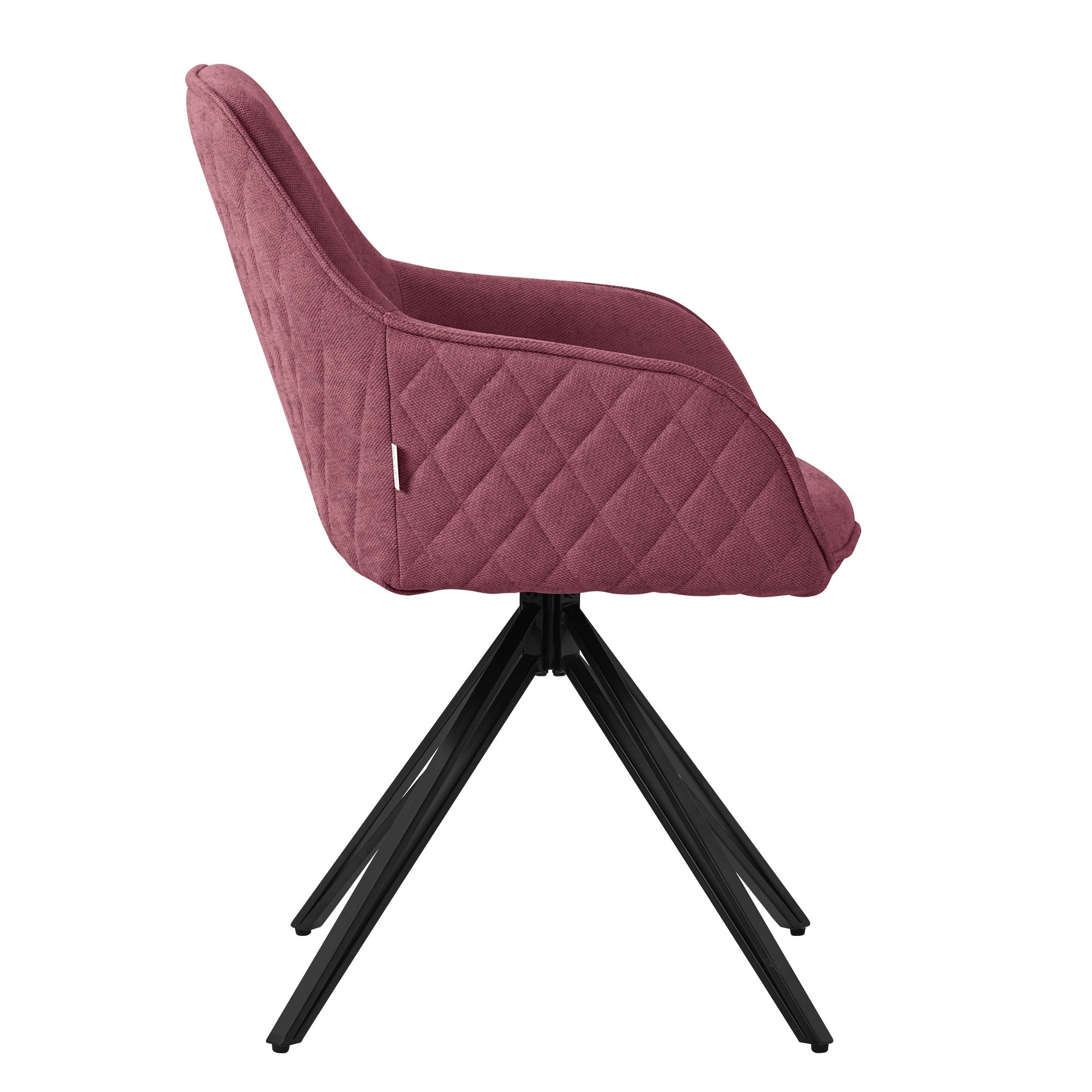 Vista lateral de una silla acolchada rosa con estructura negra.