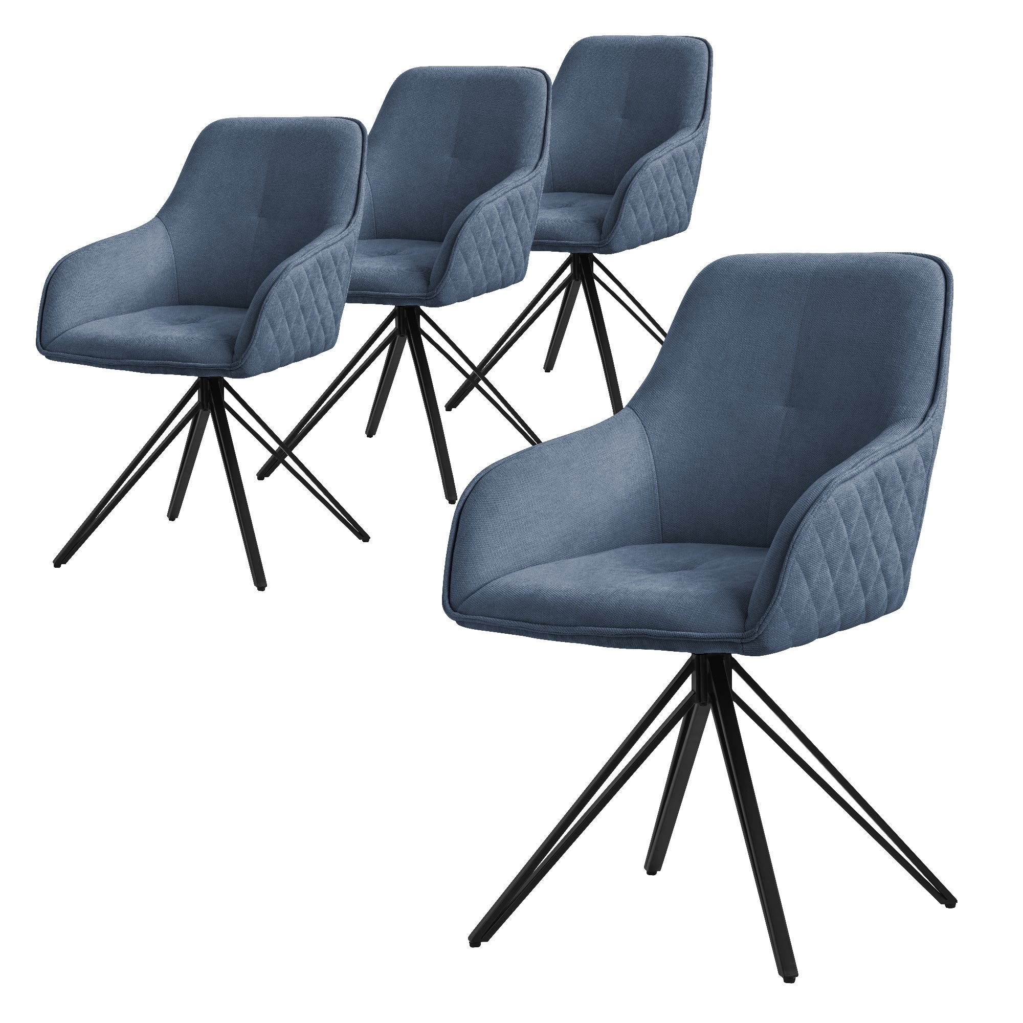 Vier dunkelblaue Stühle mit schwarzem Gestell in einer Reihe.