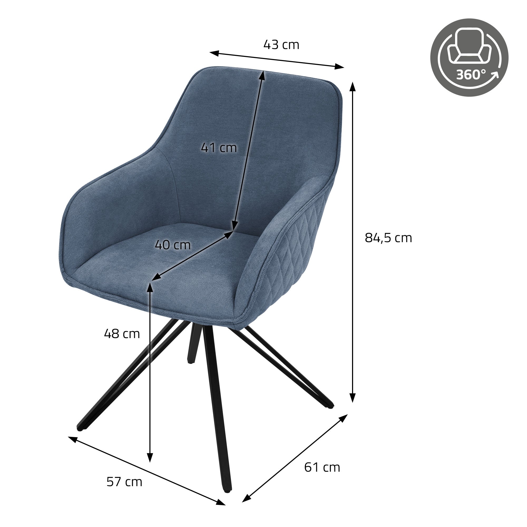 Maßzeichnung eines Stuhls in Blau mit Abmessungen in cm.