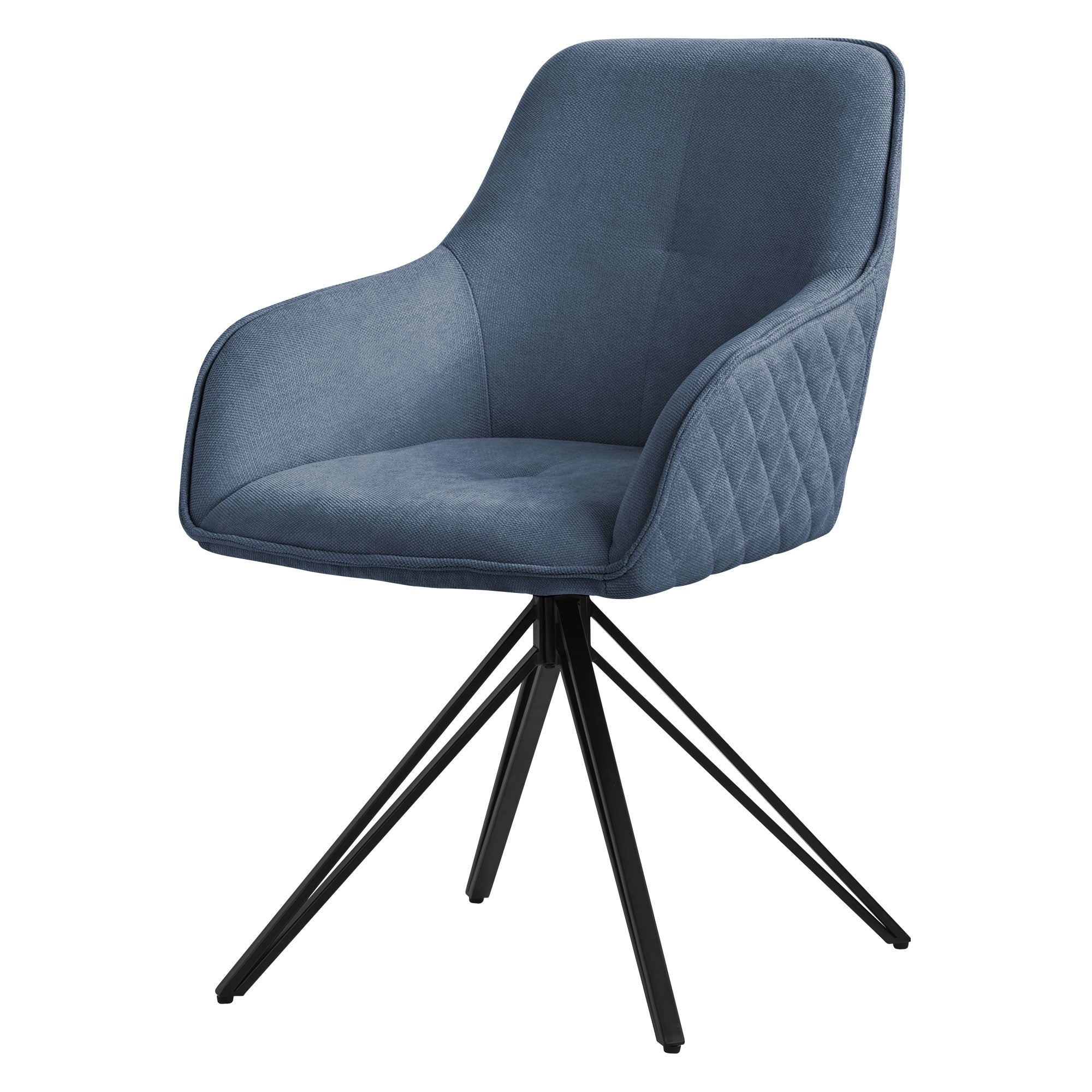Blauer Stuhl auf einem weißen Hintergrund, mit schwarzem Gestell.