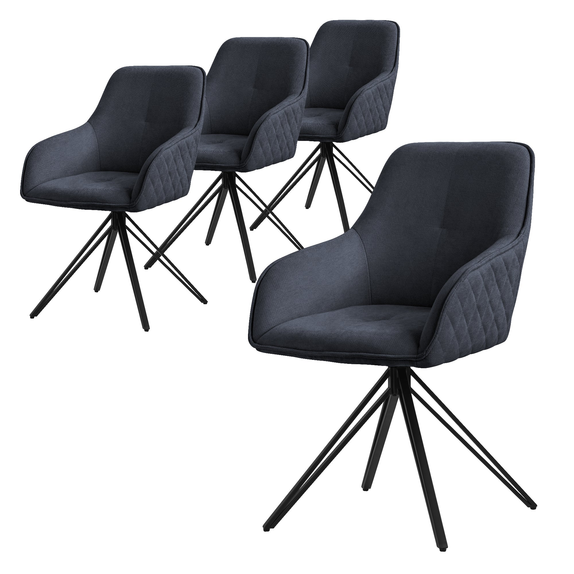 Vier schwarze Stühle mit einem modernen Design auf einem weißen Hintergrund.