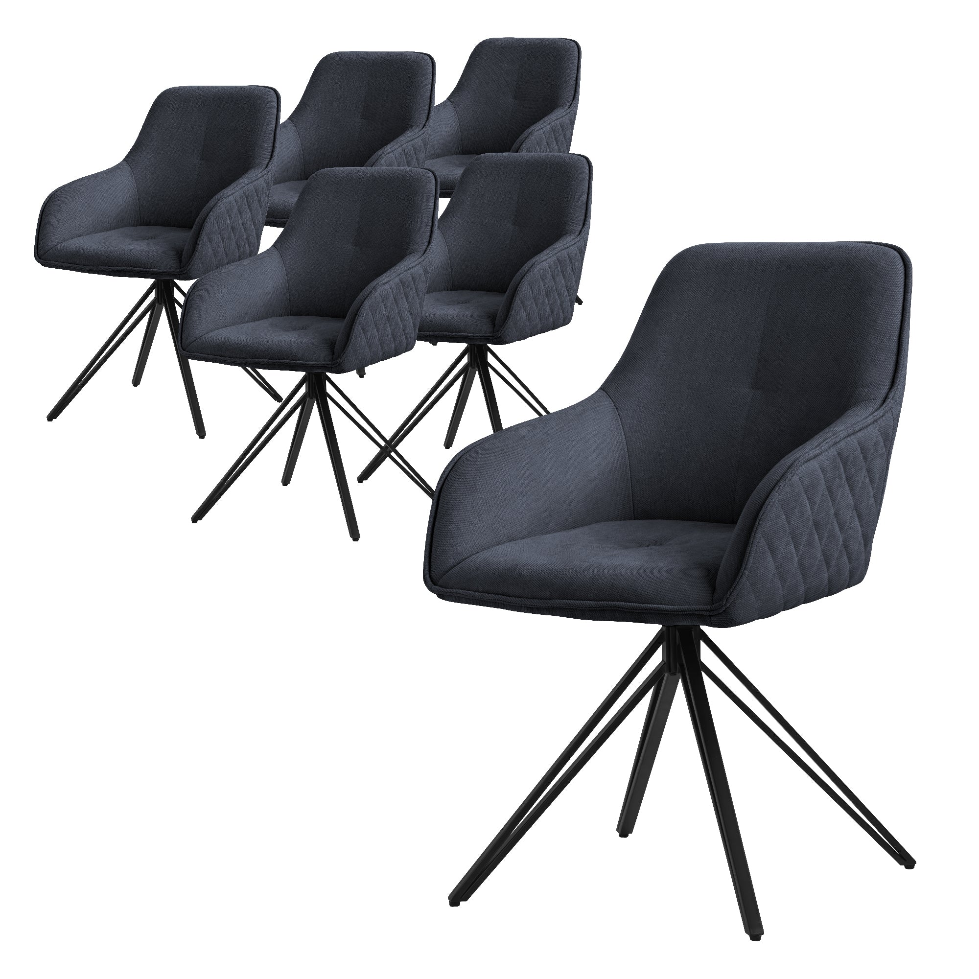 Sechs schwarze Esszimmerstühle mit schwarzem Gestell auf weißem Hintergrund.