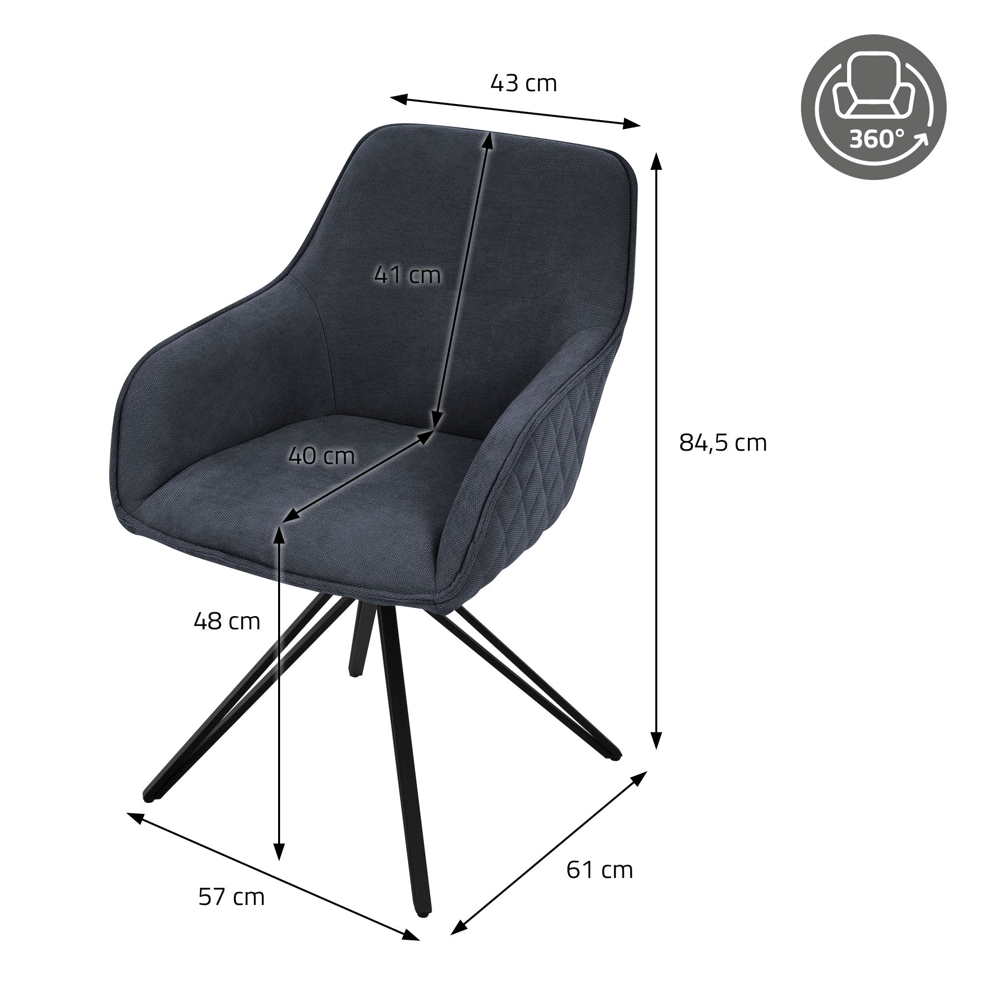 Scheda tecnica di una sedia con misure: altezza 84,5 cm, larghezza 61 cm, profondità 57 cm.