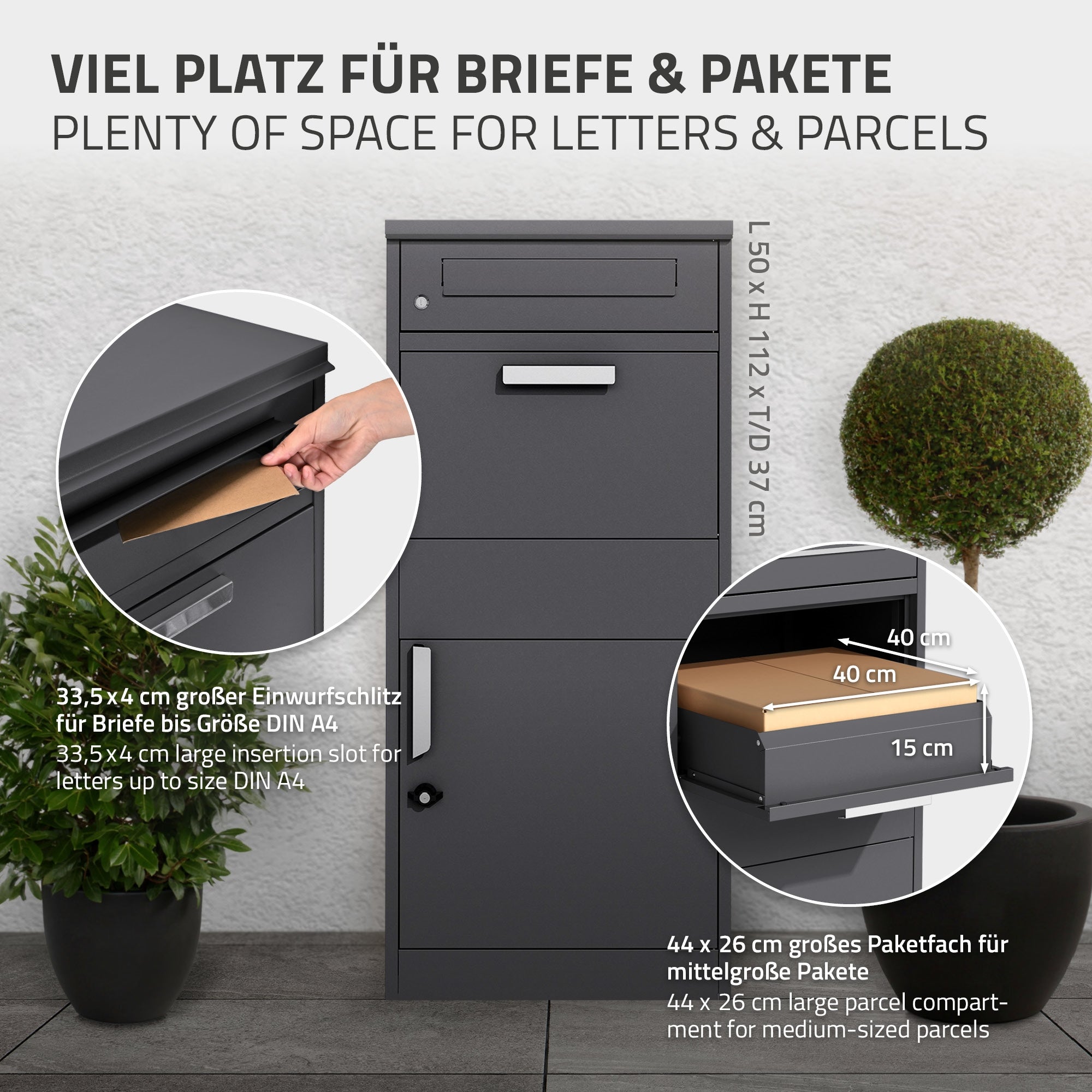 Paketbriefkasten mit Platz für Briefe und Pakete, Maße und Einwurfschlitz beschrieben.
