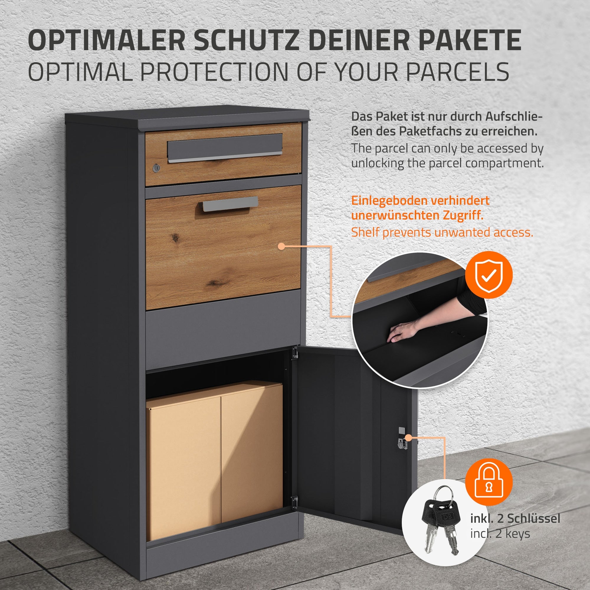 Grafik mit einem Paketfach, das durch eine Schublade und eine Tür geschützt ist.