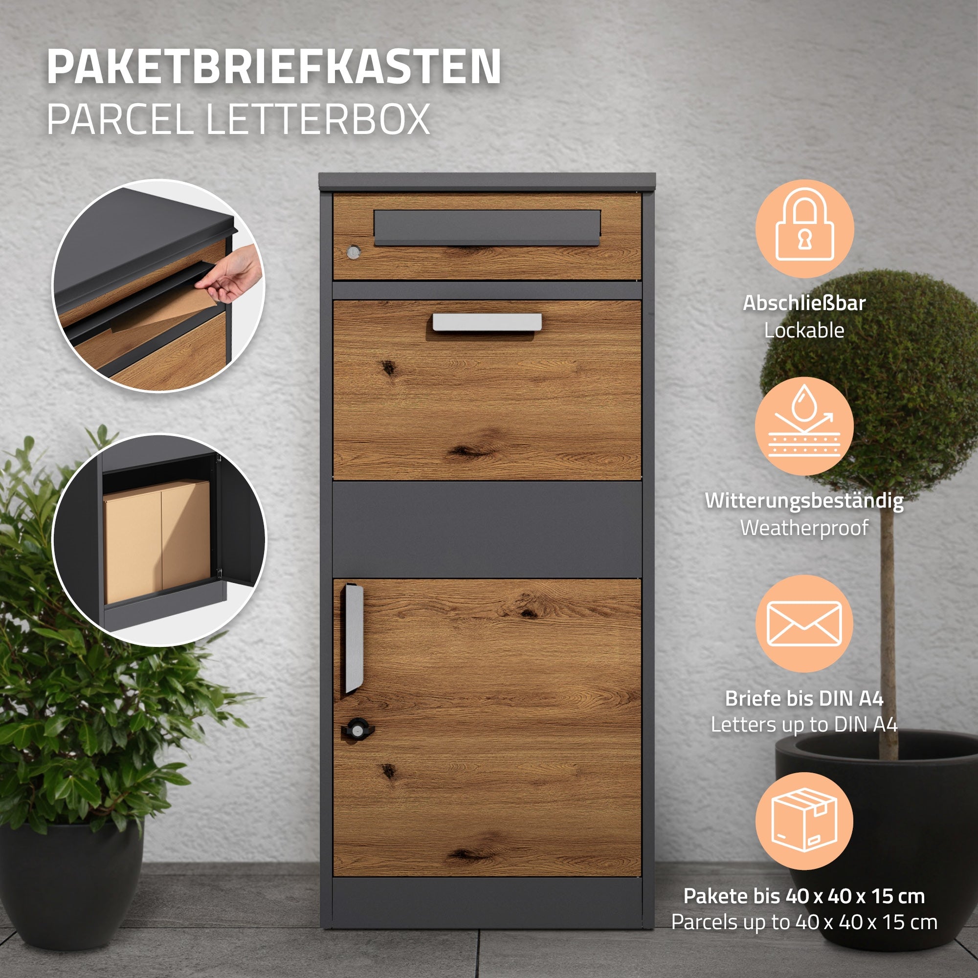 Paketbriefkasten mit Holz- und Metalloberfläche, wetterfest und abschließbar.