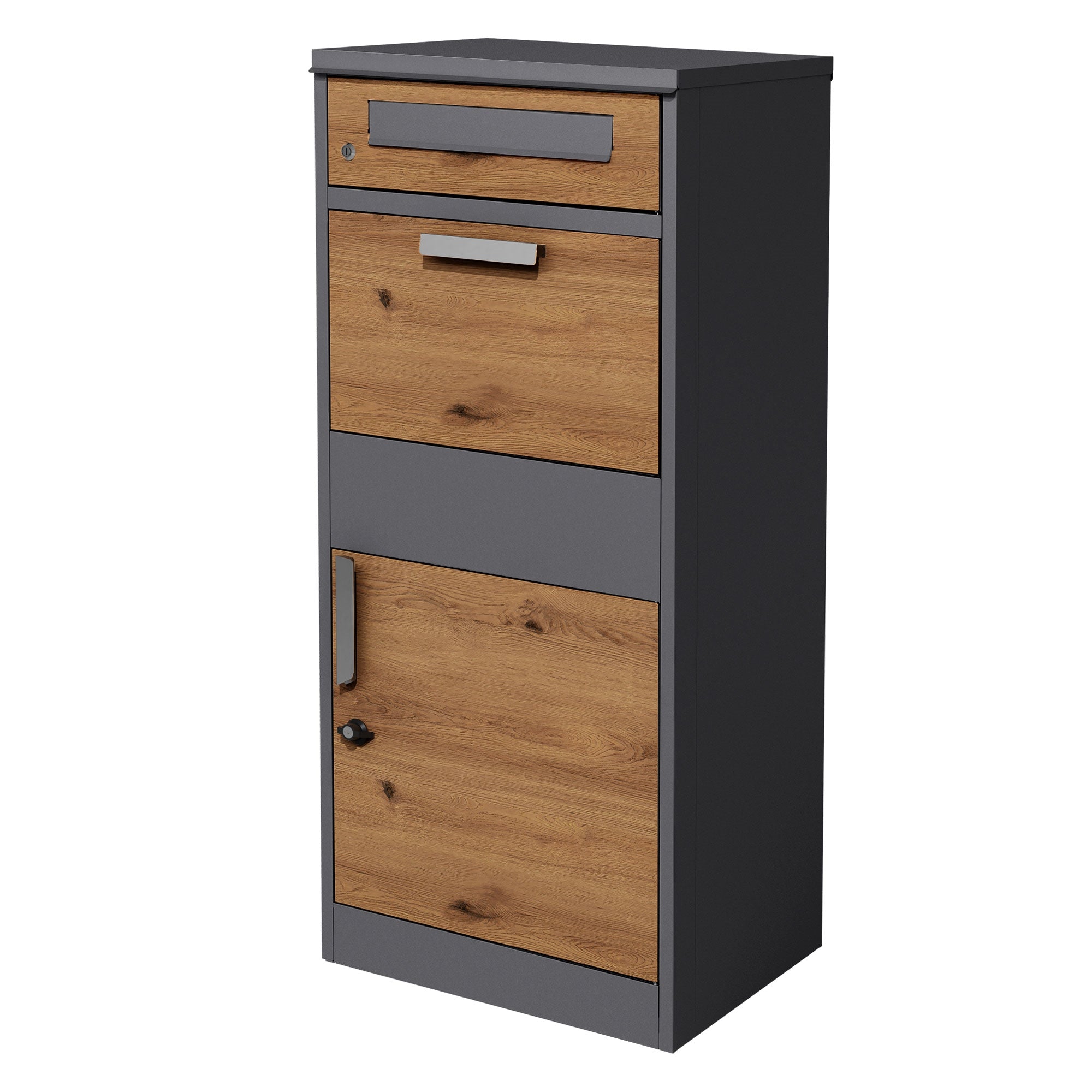 Möbelstück mit zwei Schubladen und einer Tür, Holz- und Metalloberfläche.