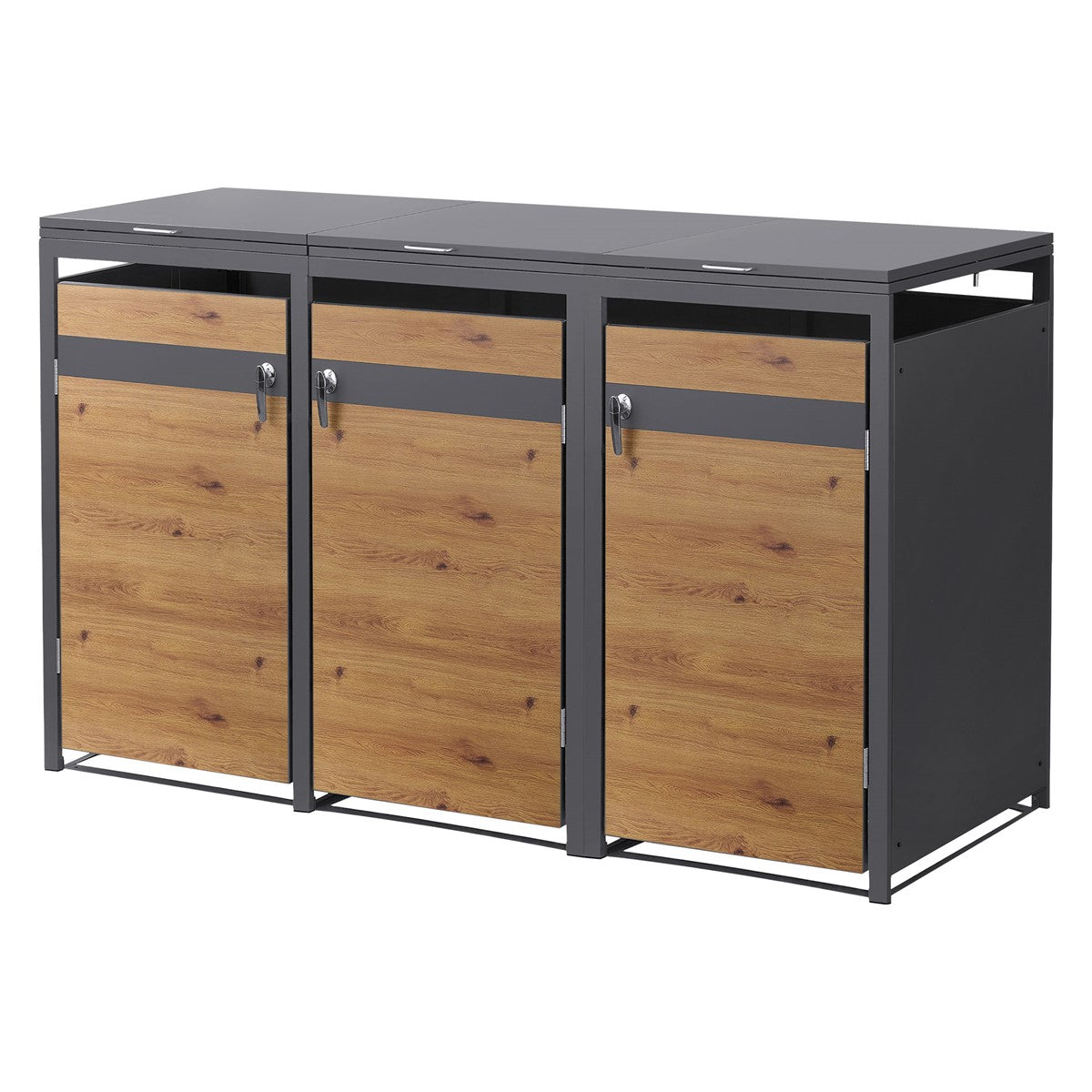 Drei Mülltonnen mit Holzfront und Metallrahmen auf einem Tisch.