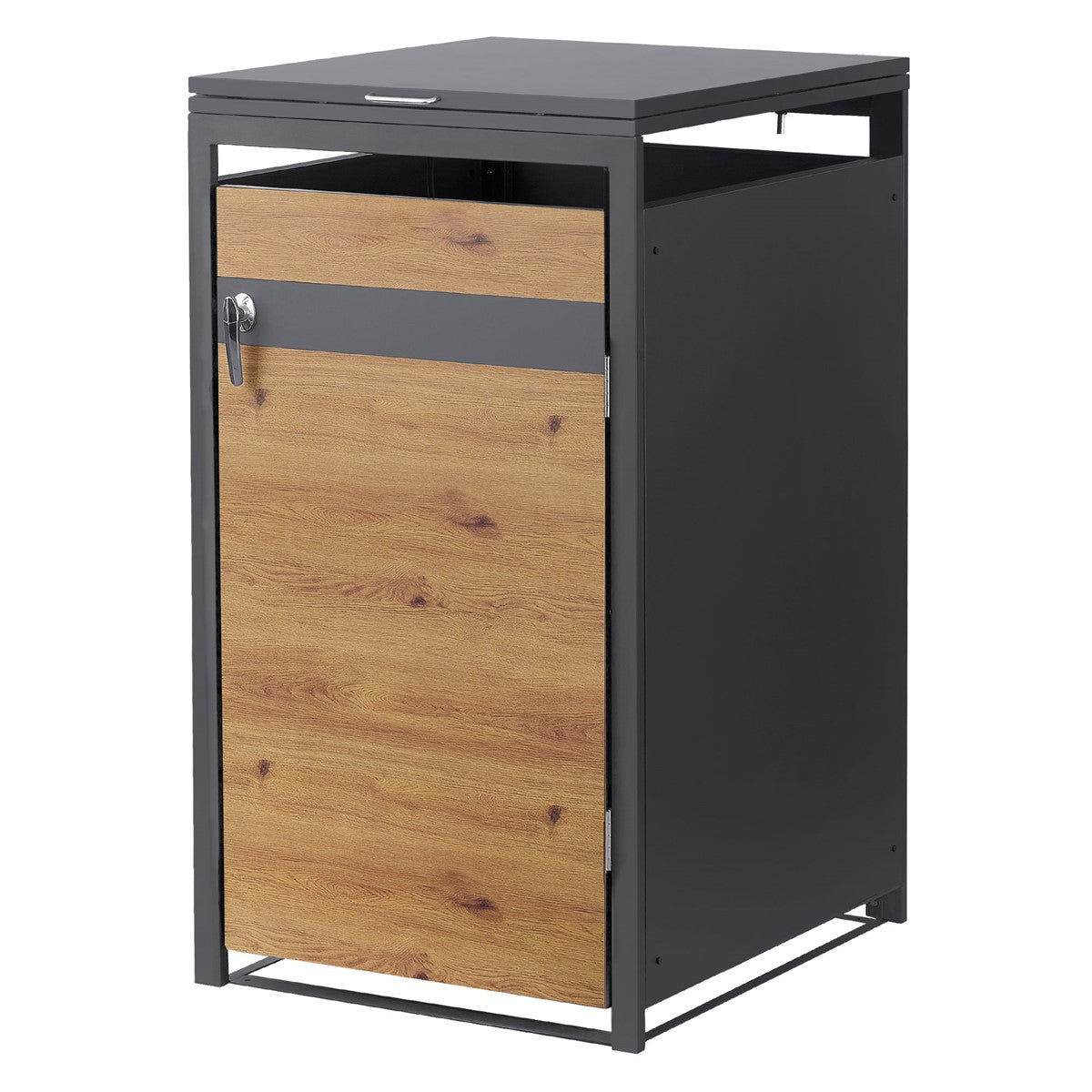 Mülltonnenbox mit einem Fach, aus pulverbeschichtetem Stahl und Holzdekor.