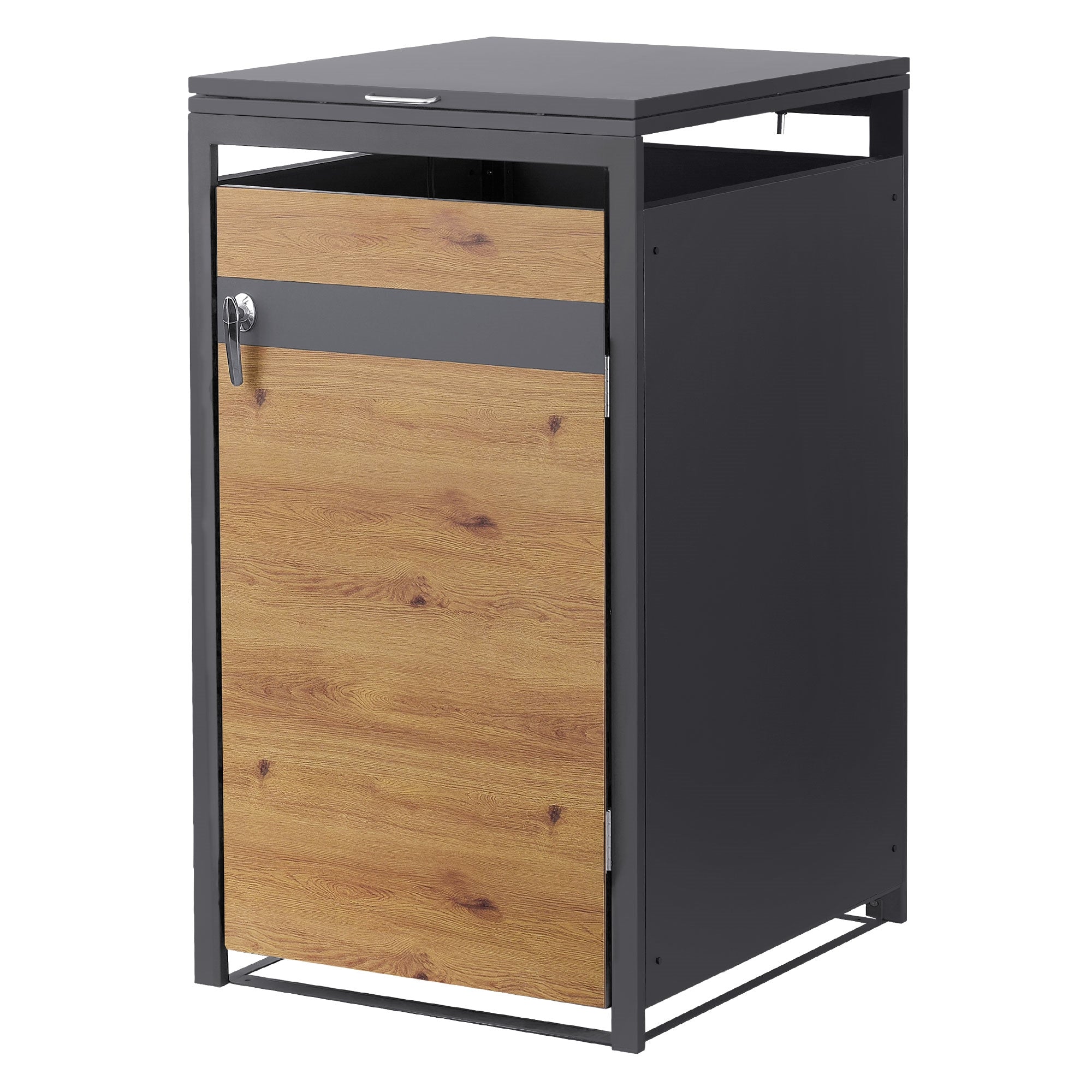 Mülltonnenbox mit einem Fach, aus pulverbeschichtetem Stahl und Holzdekor.
