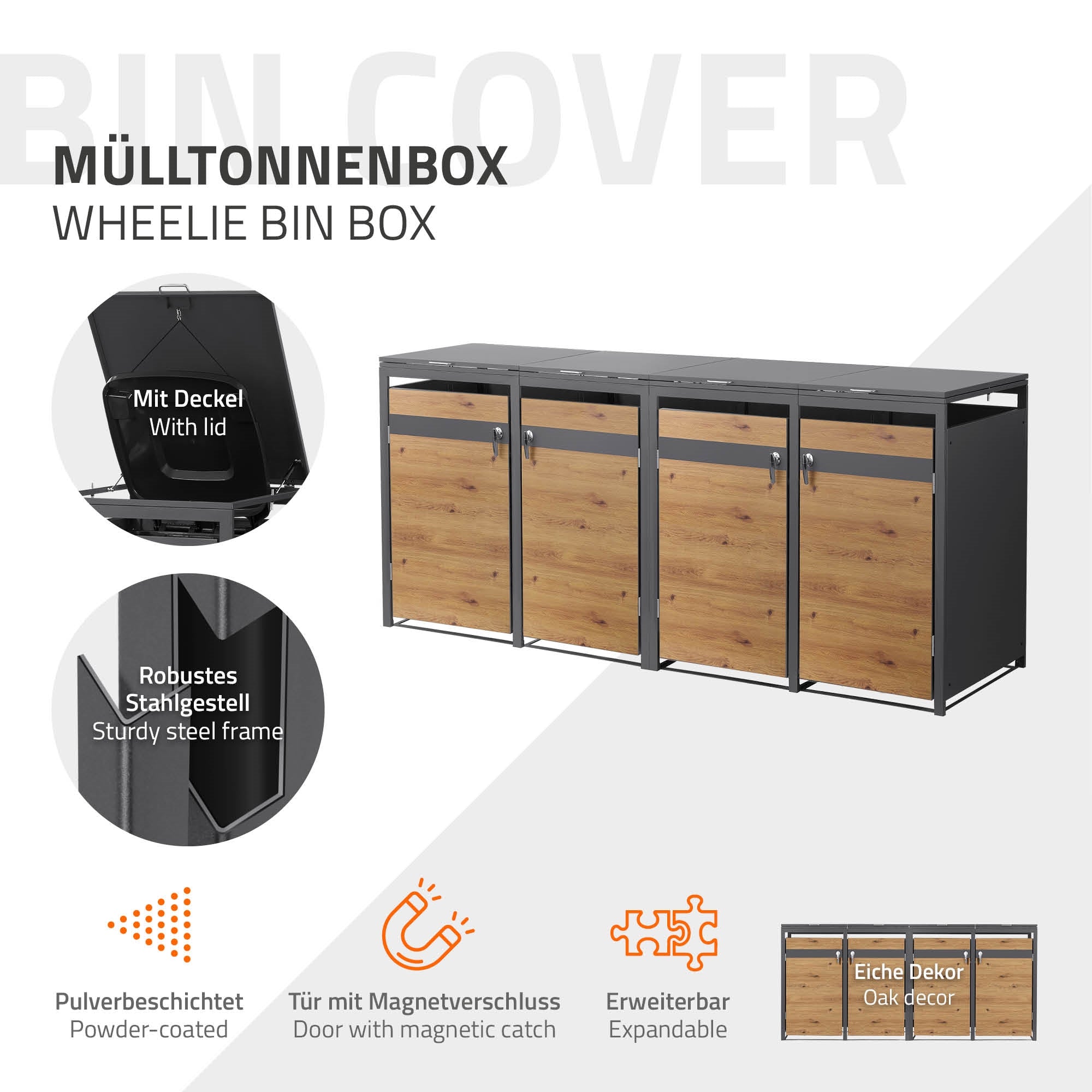 Mülltonnenbox mit mehreren Fächern und Deckel, aus pulverbeschichtetem Stahl.