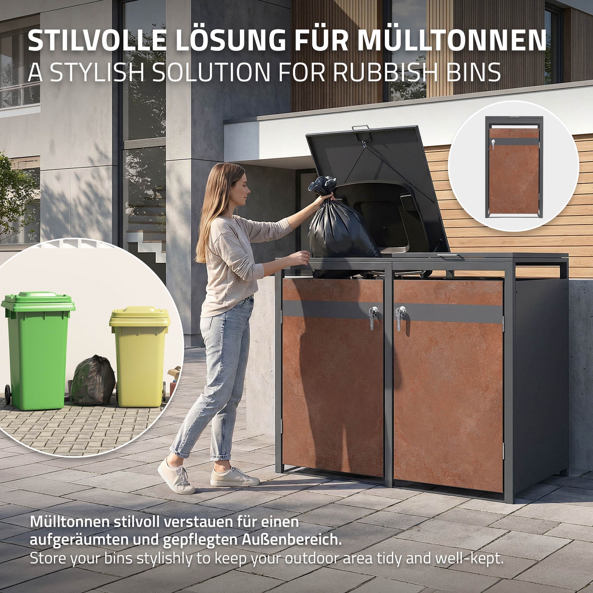 Person stellt Mülltonne in einen stilvollen Behälter im Außenbereich.