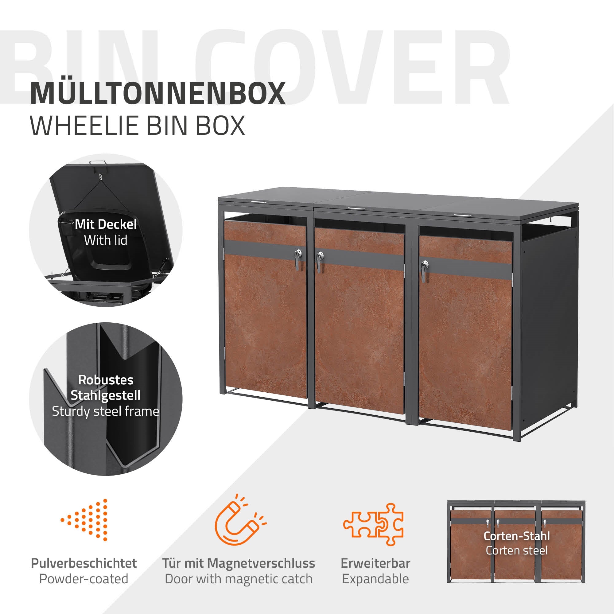Grafik einer Mülltonnenbox mit Deckel und robustem Stahlrahmen.