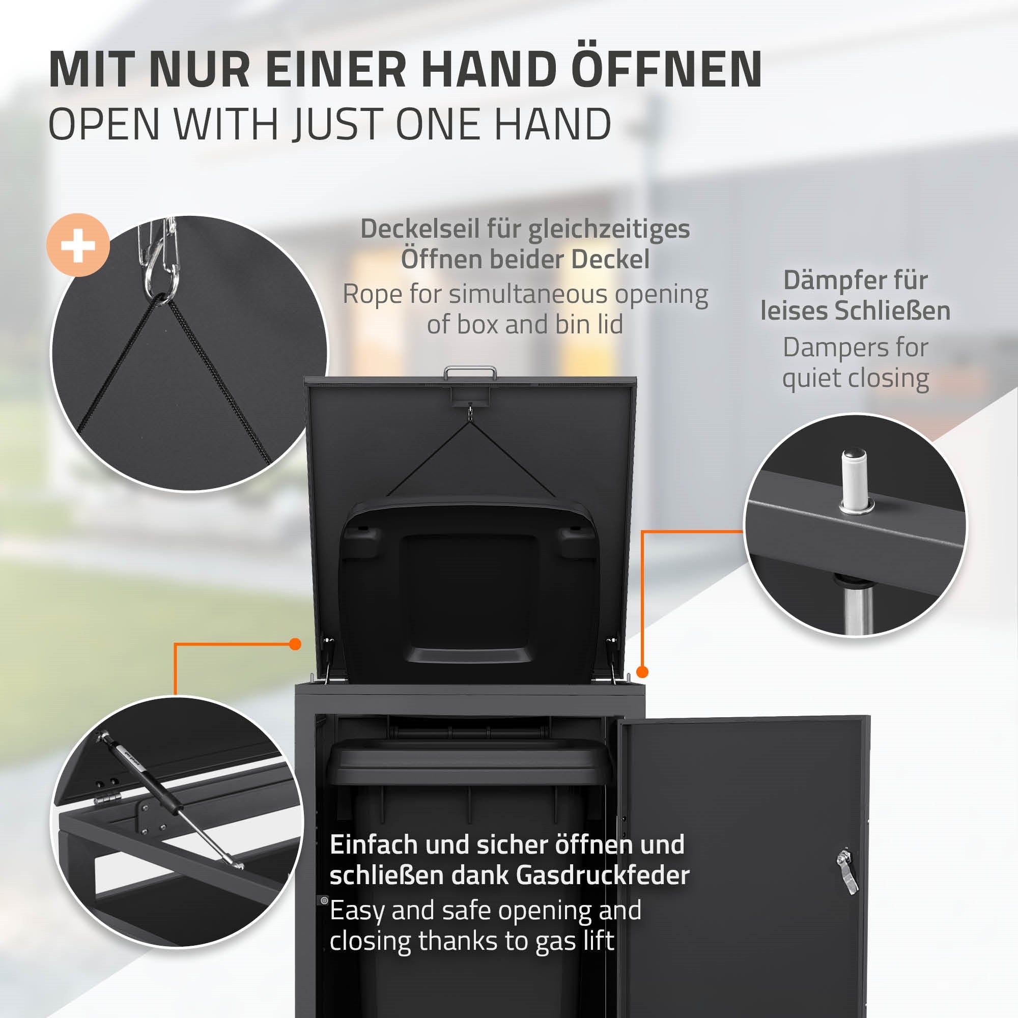 Mülltonnenbox mit Deckel, der mit einer Hand geöffnet werden kann.