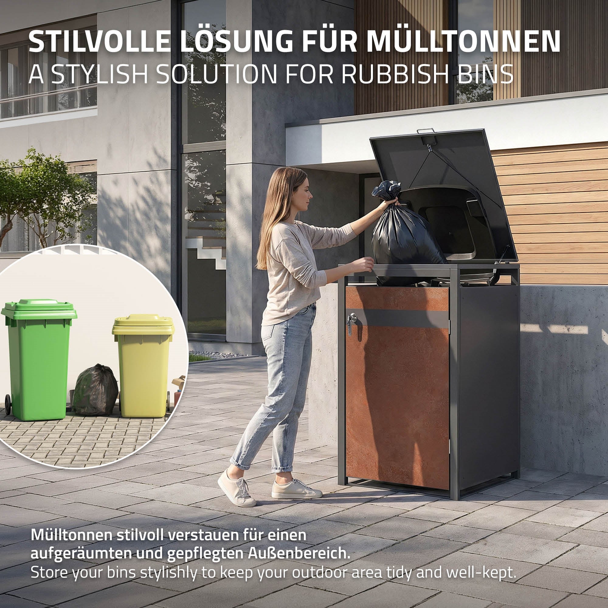 Frau entsorgt Müll in eine stilvolle Mülltonnenbox.