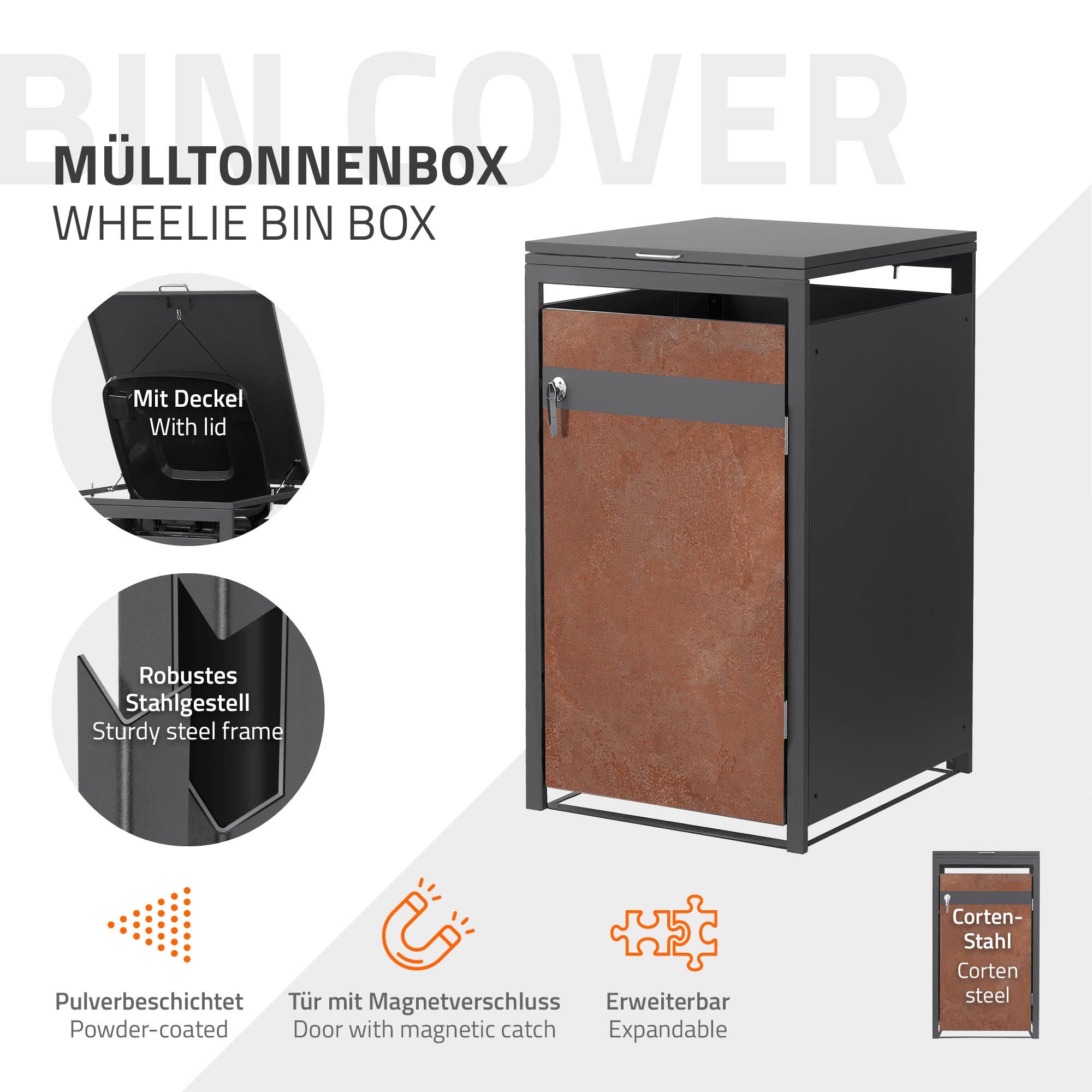 Mülltonnenbox mit Deckel und robustem Stahlgestell.