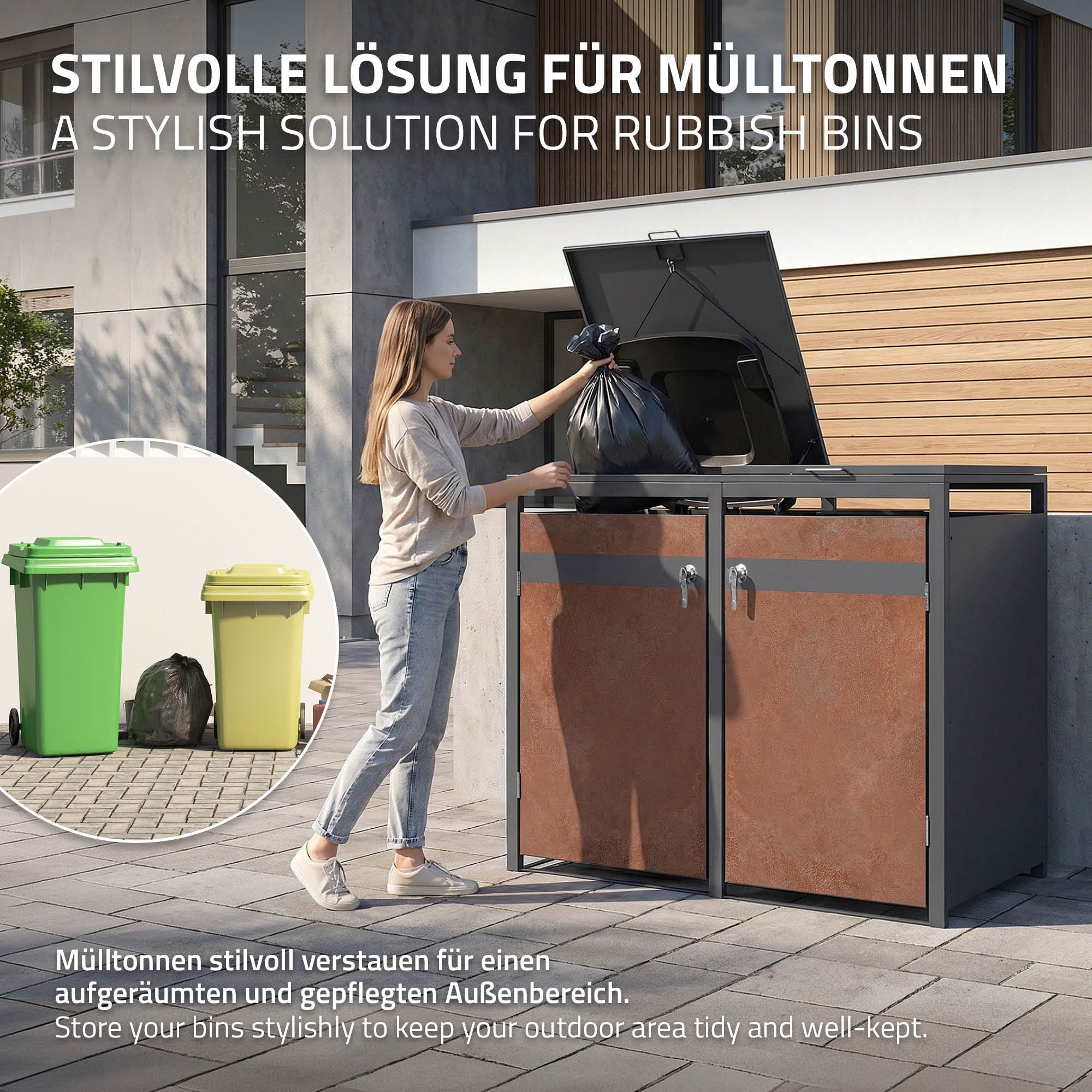 Frau entsorgt Müll in eine Mülltonnenbox im Außenbereich.