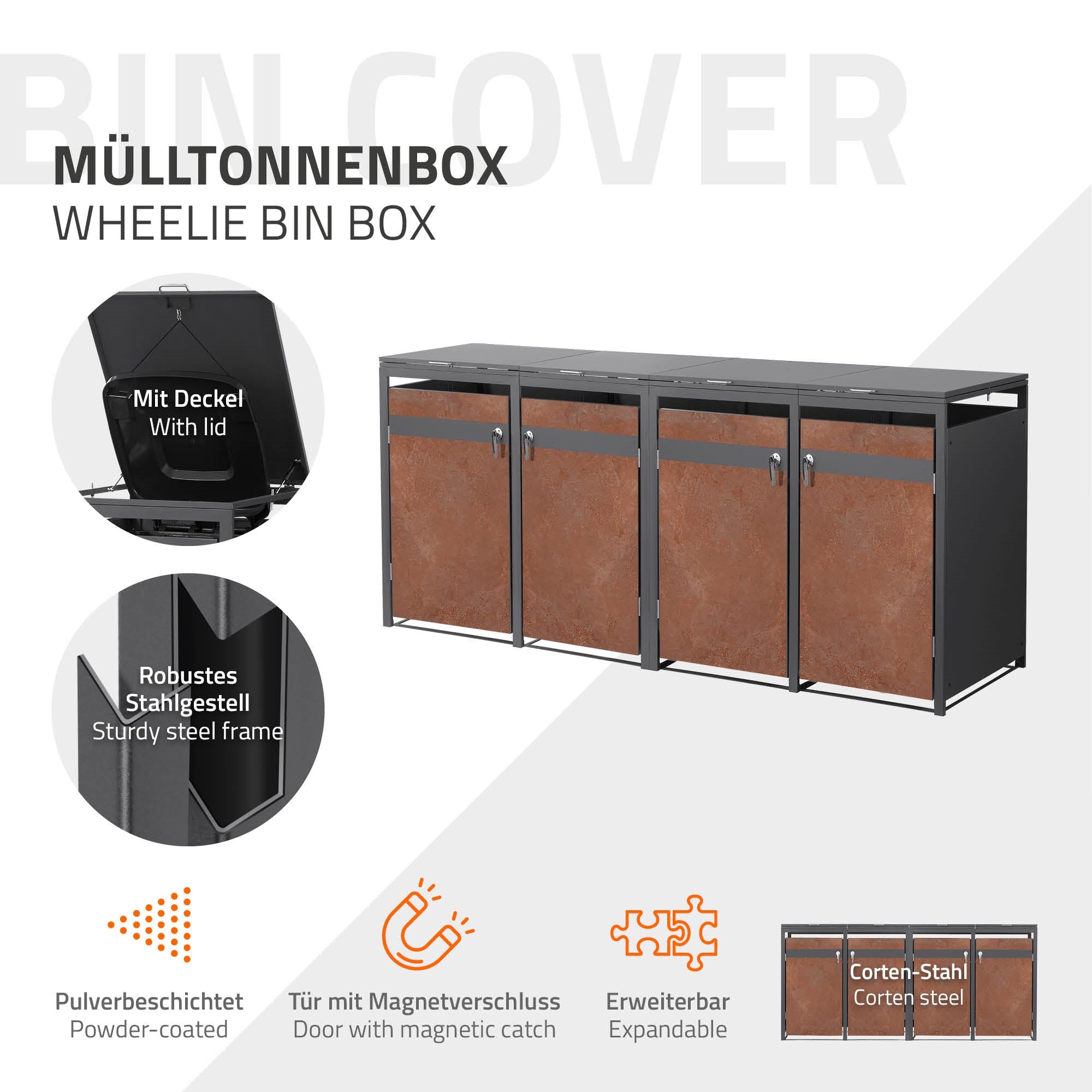 Mülltonnenbox mit Deckel, robustem Stahlgestell und Magnetverschluss.