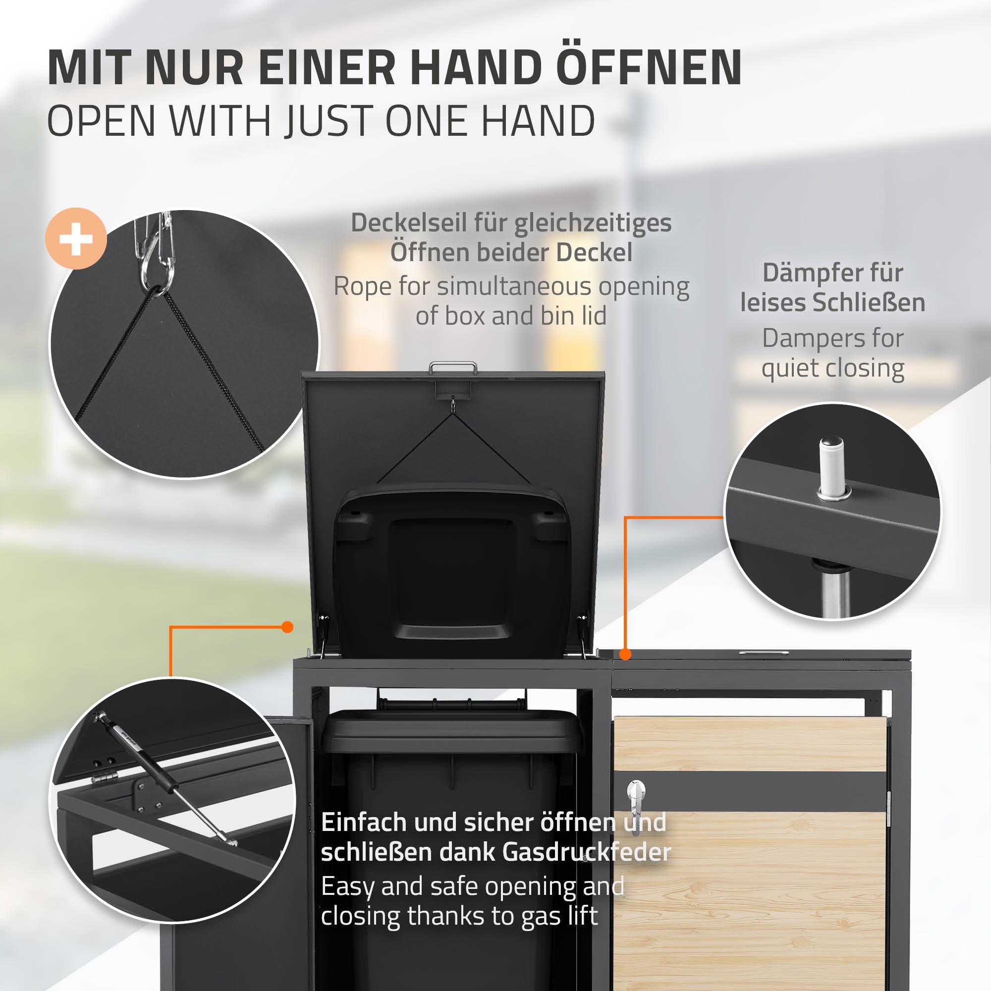 Deckel einer Mülltonnenbox mit Dämpfer für leises Schließen.