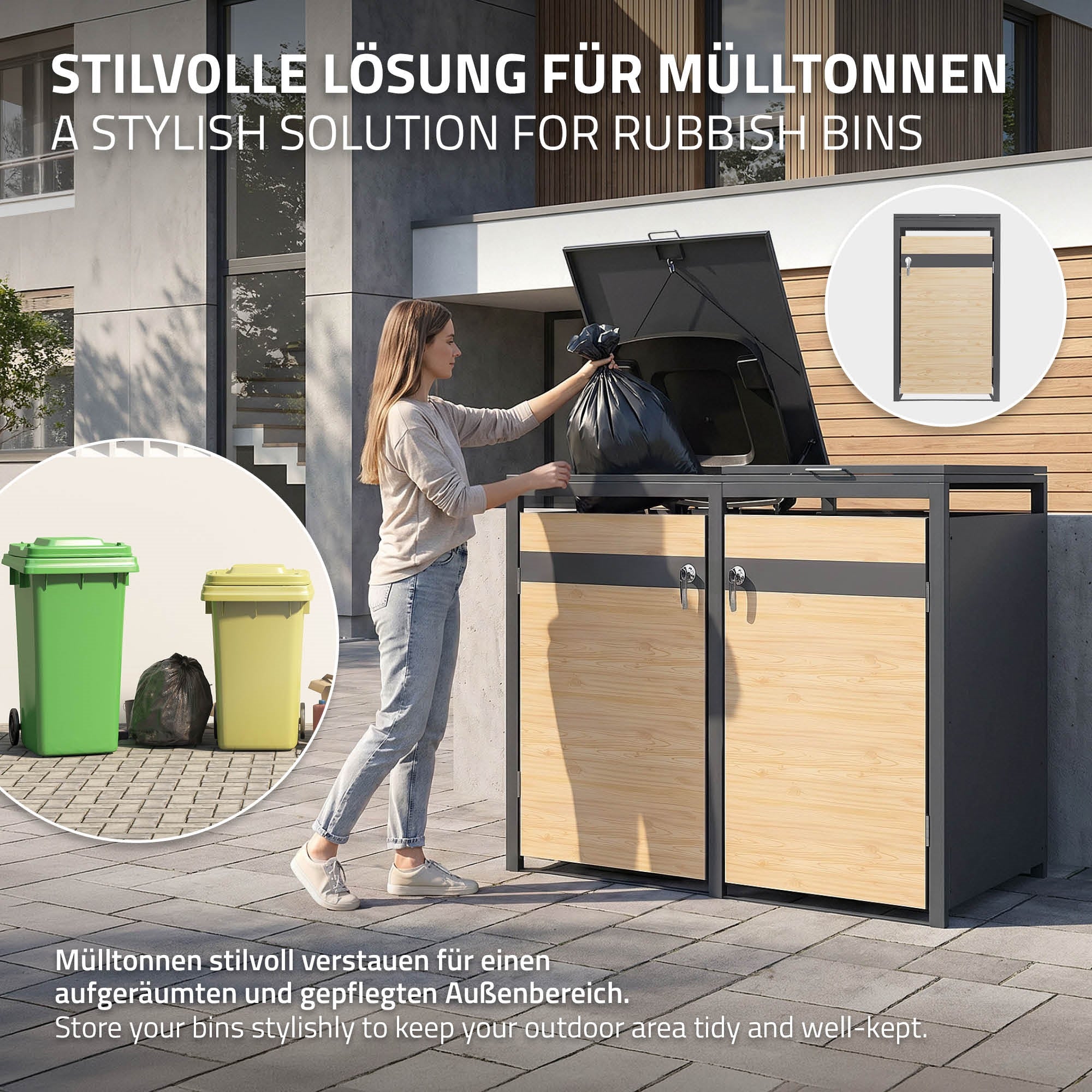 Frau steht neben einer Mülltonnenbox und öffnet den Deckel, um Müll zu 