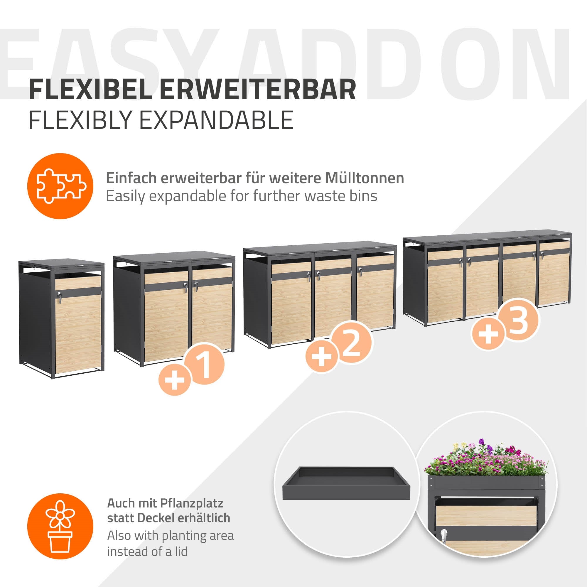 Erweiterbare Mülltonnenboxen mit Platz für Pflanzen.