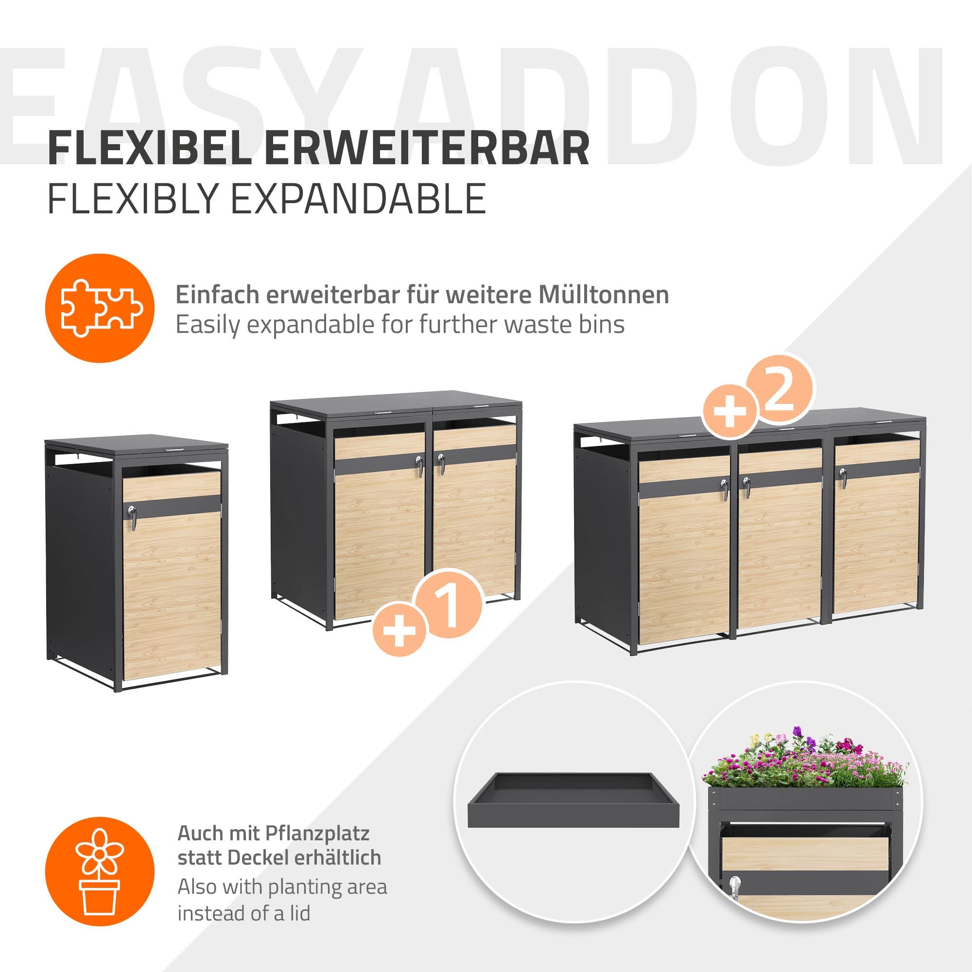 Grafik zur flexiblen Erweiterbarkeit von Mülltonnenboxen.