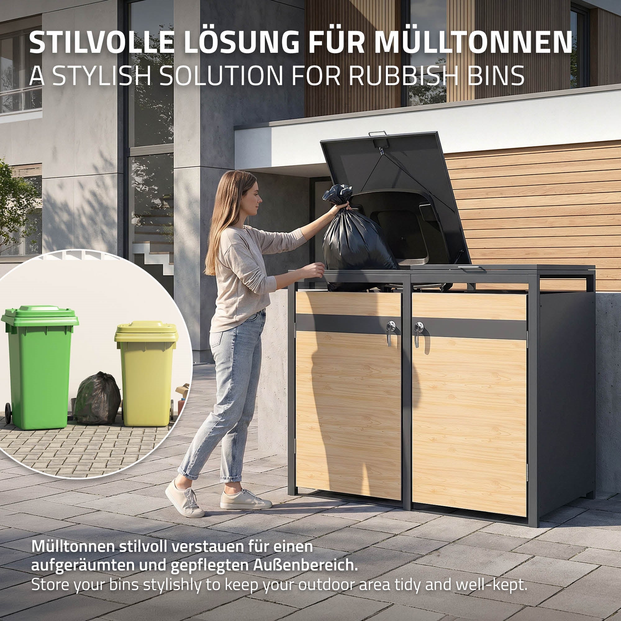 Frau öffnet einen Mülltonnenbehälter, der zwei Mülltonnen stilvoll vers