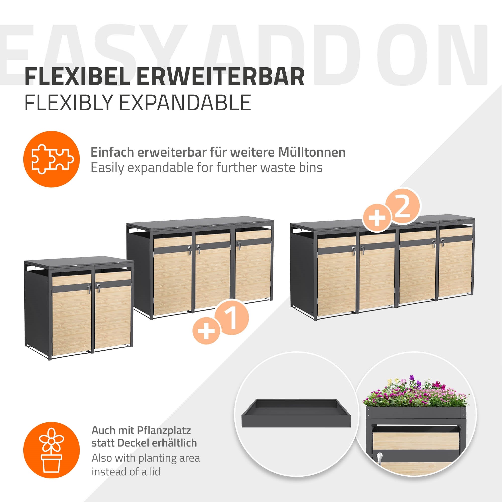Grafik zur flexiblen Erweiterbarkeit von Mülltonnen mit Pflanzenplatz.