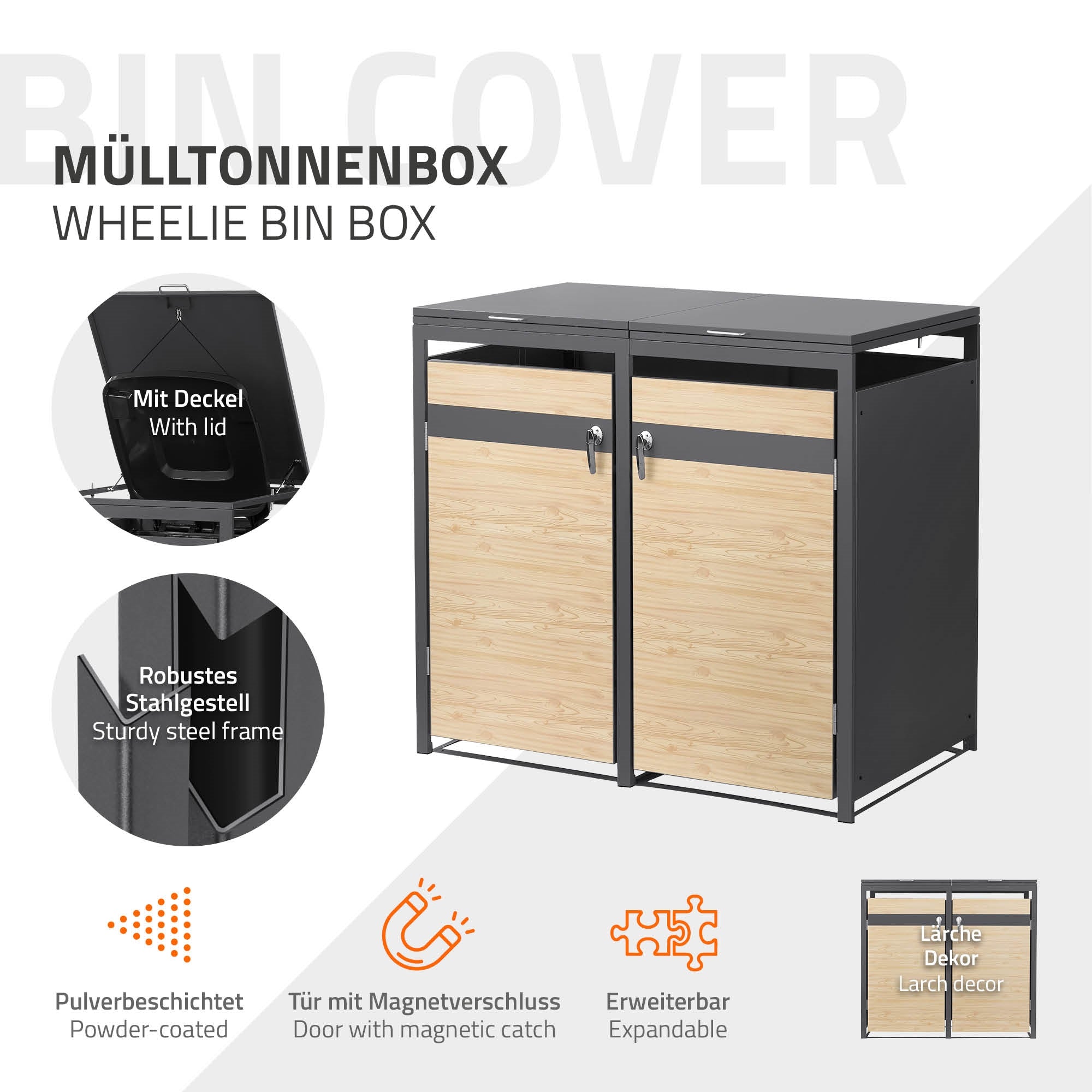 Eine Mülltonnenbox mit zwei Fächern, die mit einem Deckel und einem sta