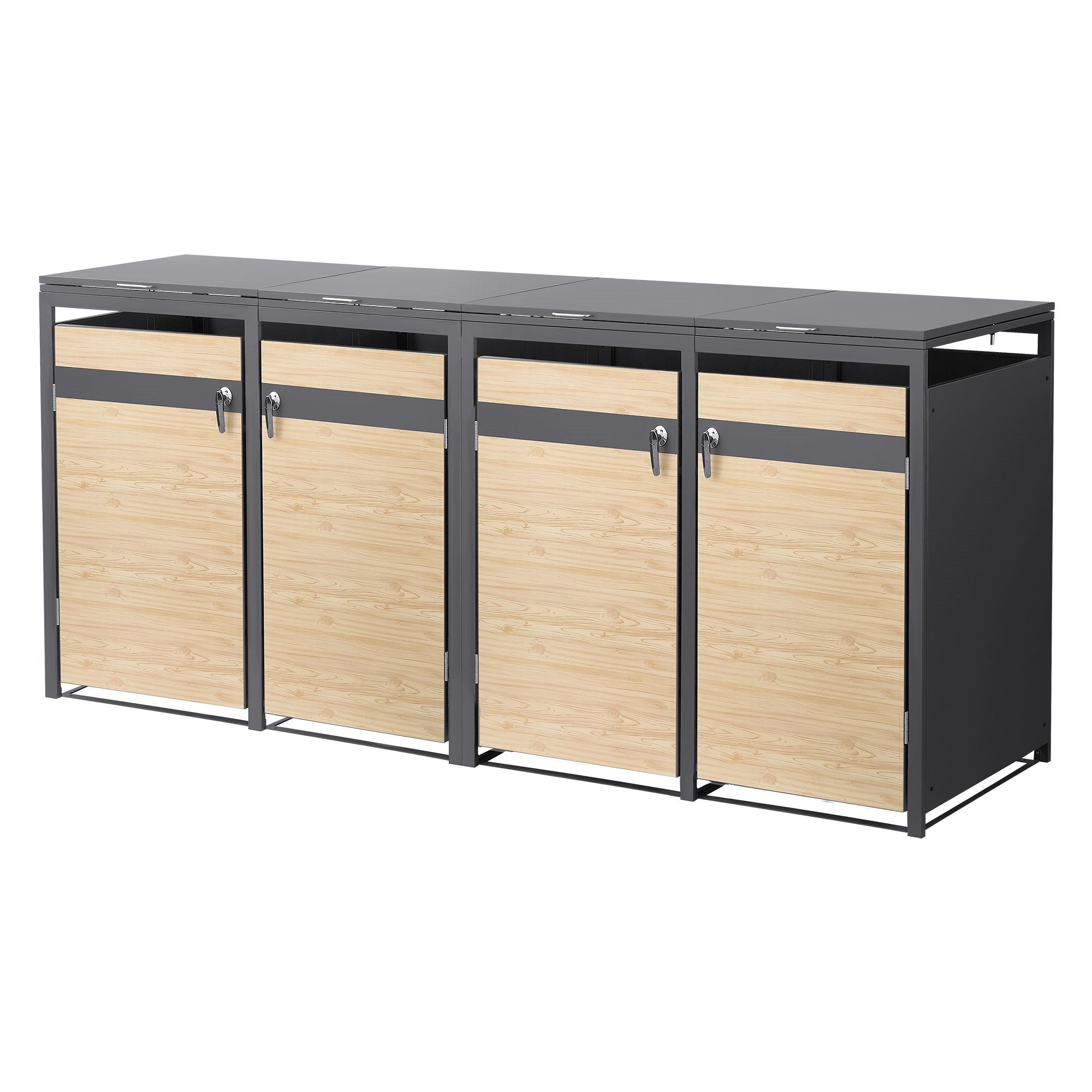 Mülltonnenbox mit vier Fächern und Holzoptik.