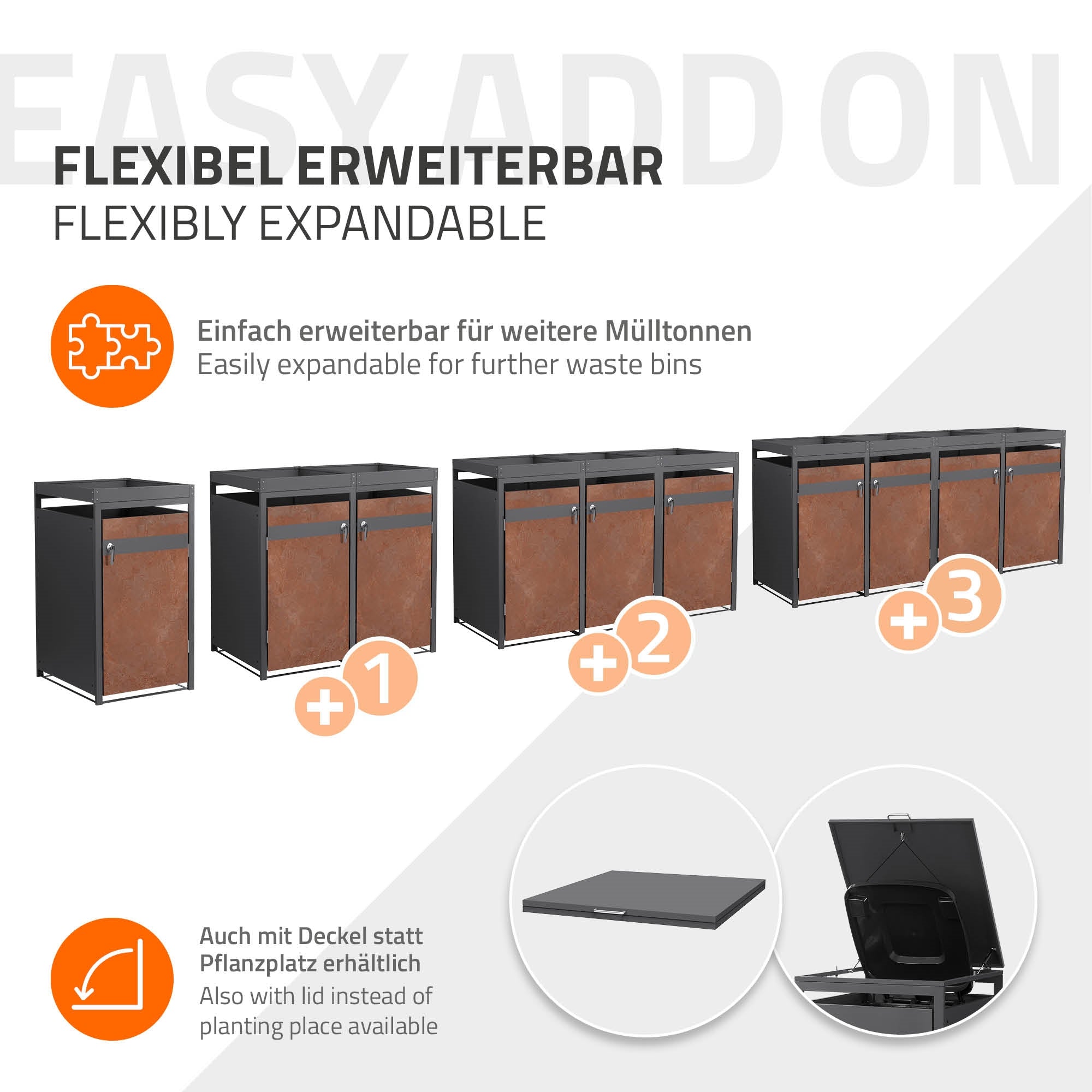 Mülltonnenboxen, die flexibel erweiterbar sind.