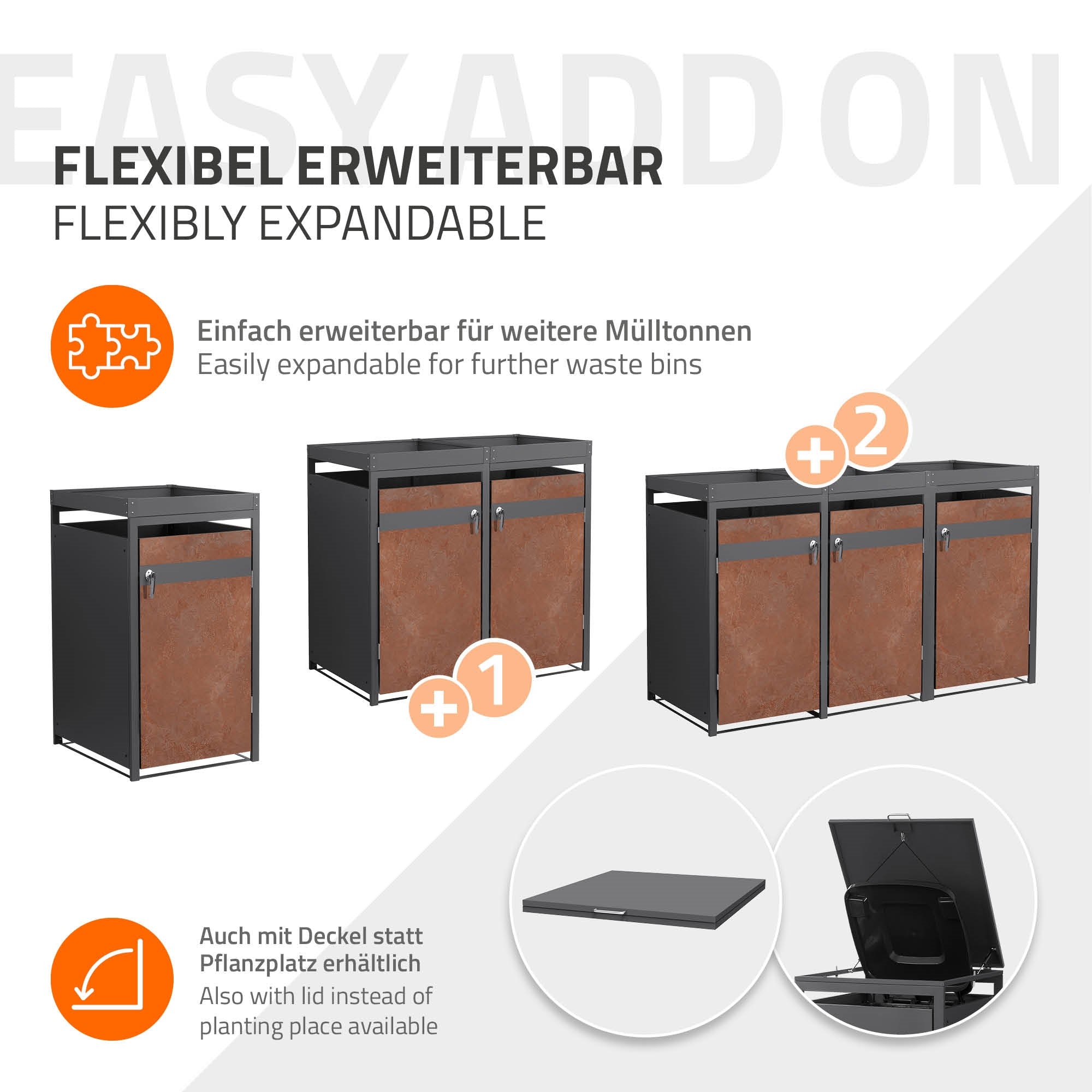 Erweiterbare Mülltonnenbox mit Platz für zusätzliche Mülltonnen.