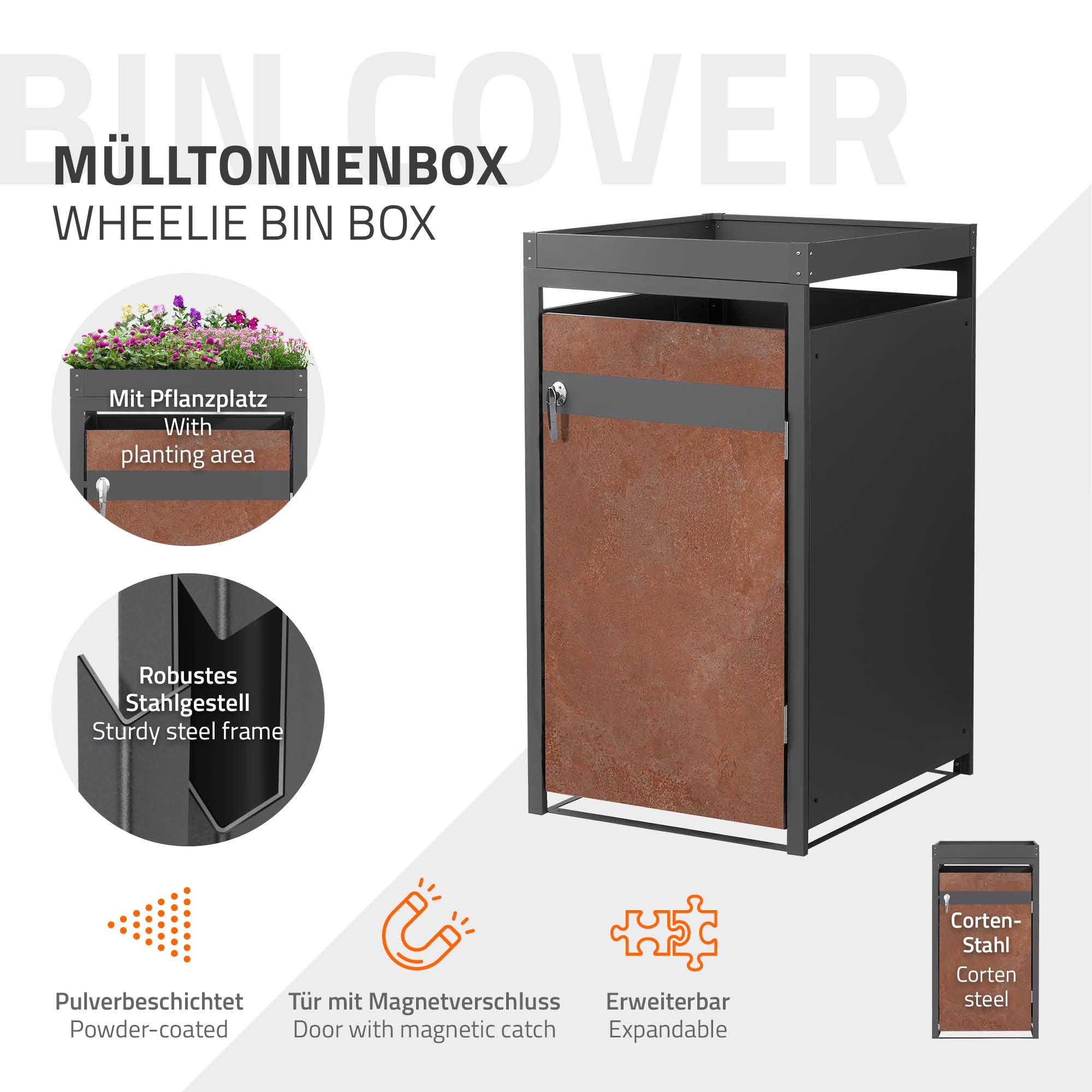 Mülltonnenbox mit Pflanzplatz und robustem Stahlrahmen.