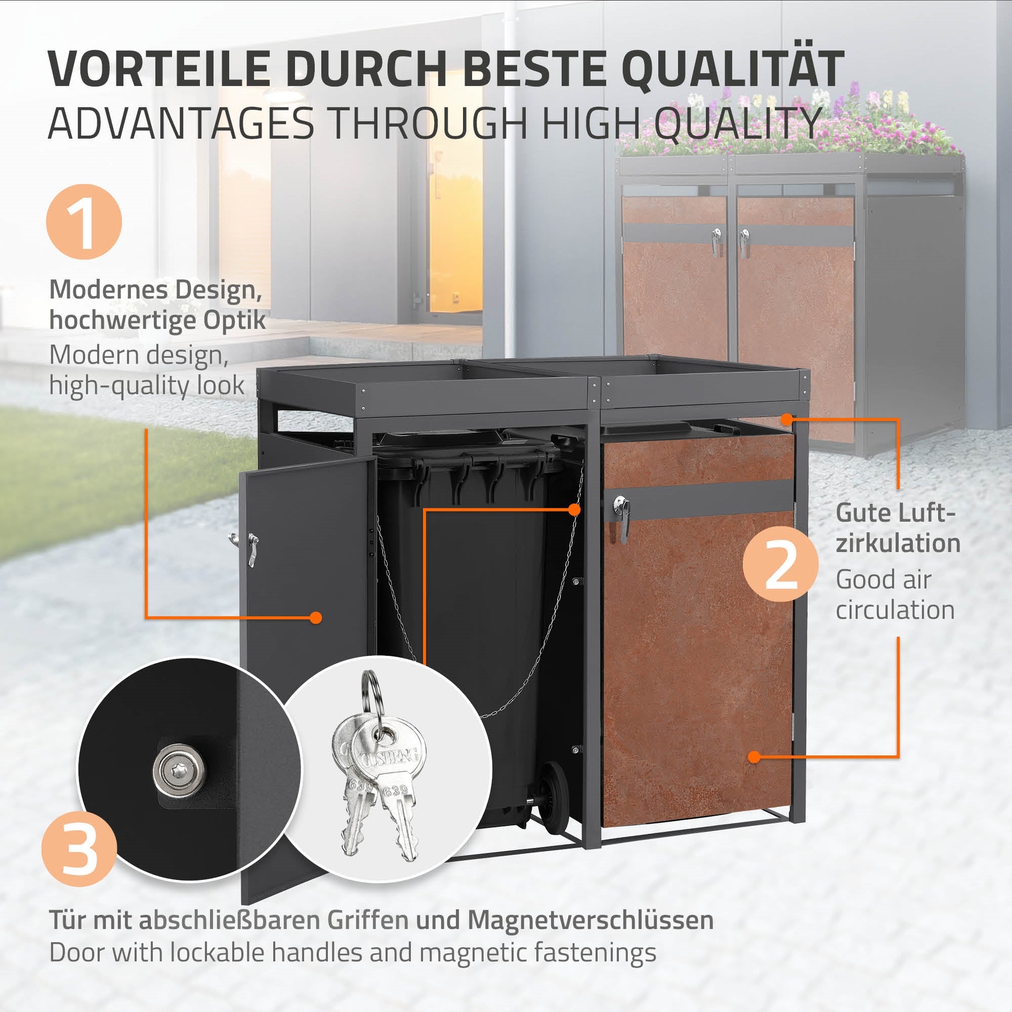Mülltonnenbox mit modernem Design und guter Luftzirkulation.