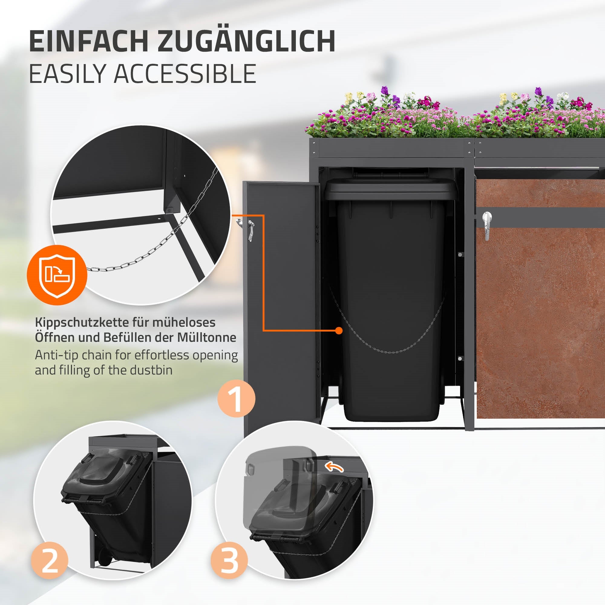 Mülltonnenbox mit Kipp- und Schutzkette für einfache Nutzung.