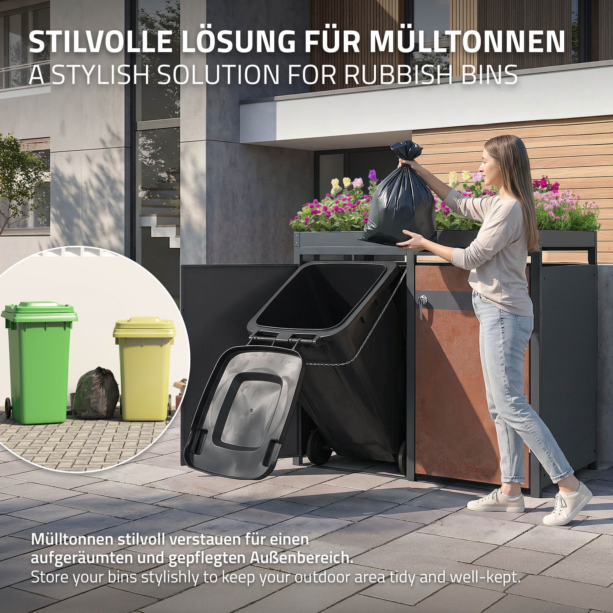 Person, die eine Mülltüte in eine Mülltonnenbox entsorgt.