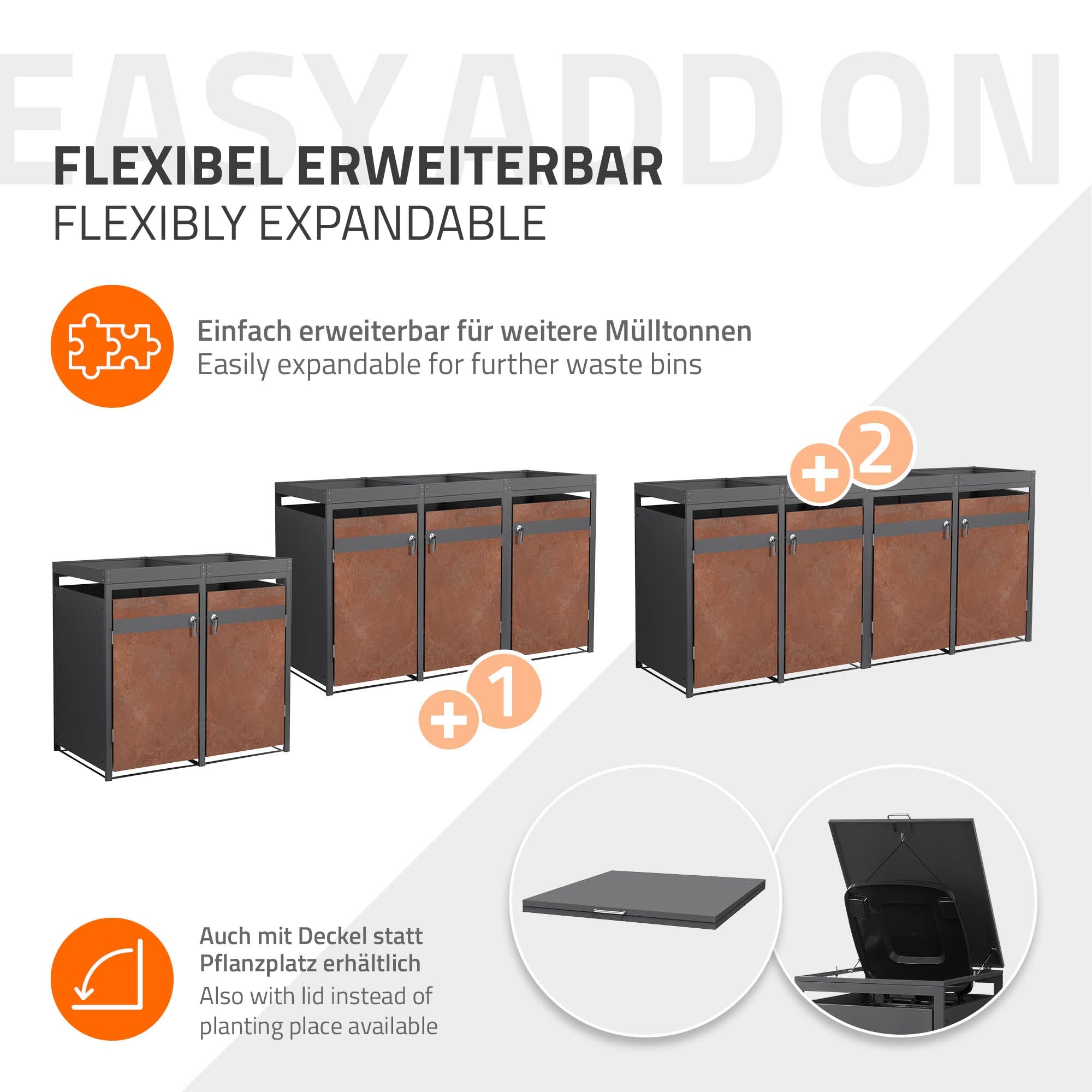 Grafik mit Mülltonnen und Hinweis auf flexible Erweiterbarkeit.
