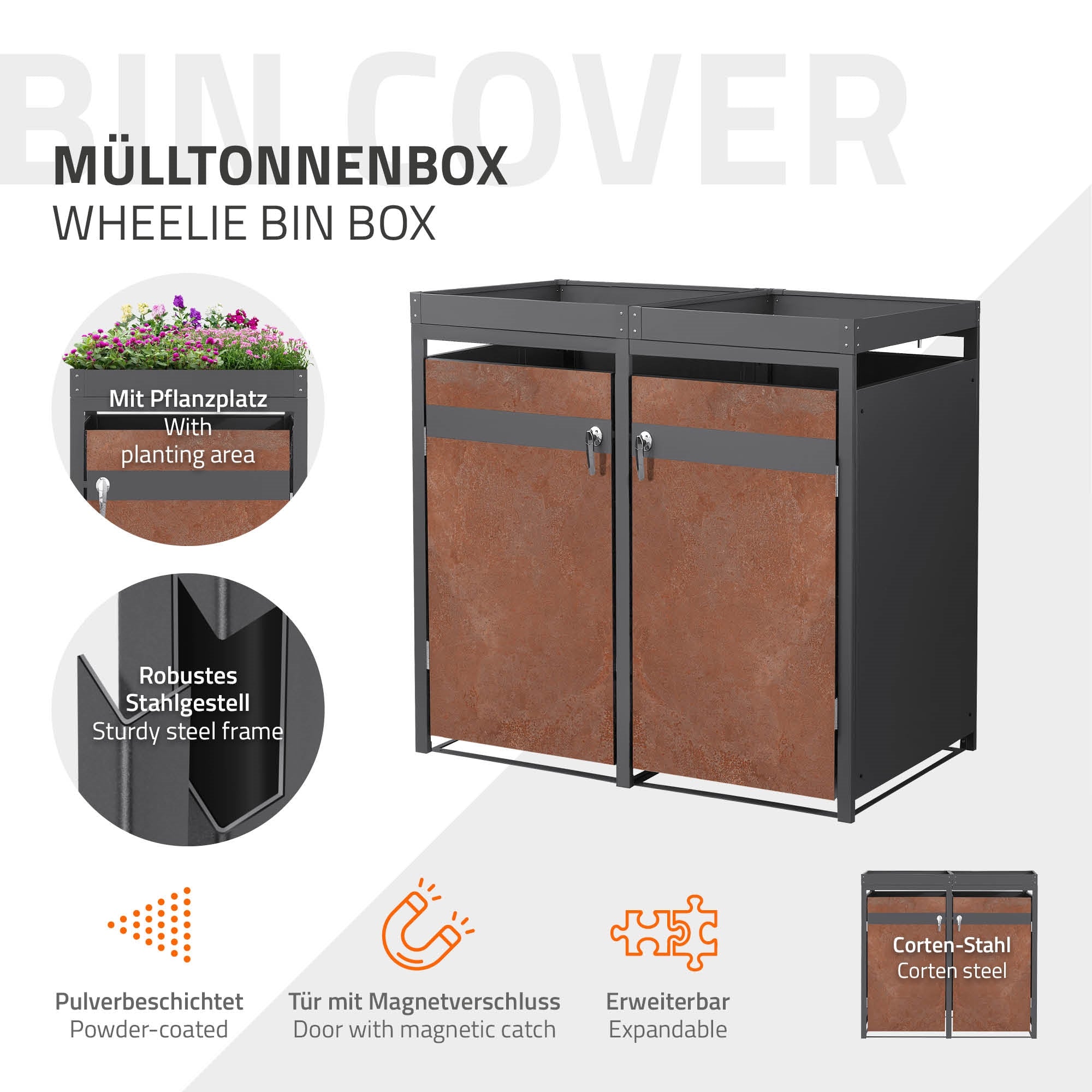 Mülltonnenbox mit Pflanzplatz und Magnetverschluss.