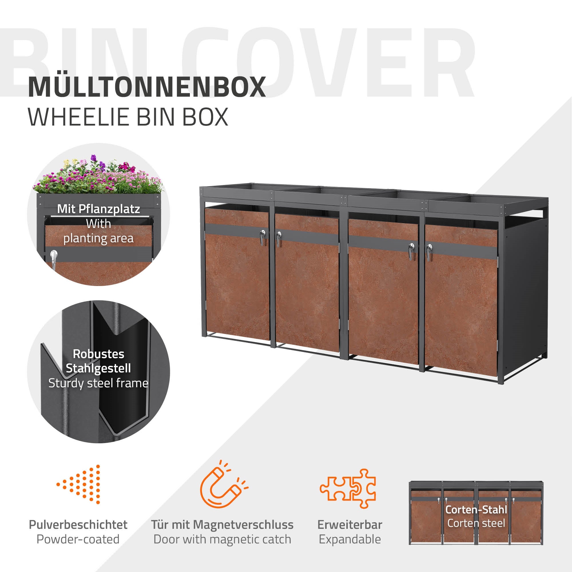 Mülltonnenbox mit Pflanzplatz und drei Türen aus Corten-Stahl.